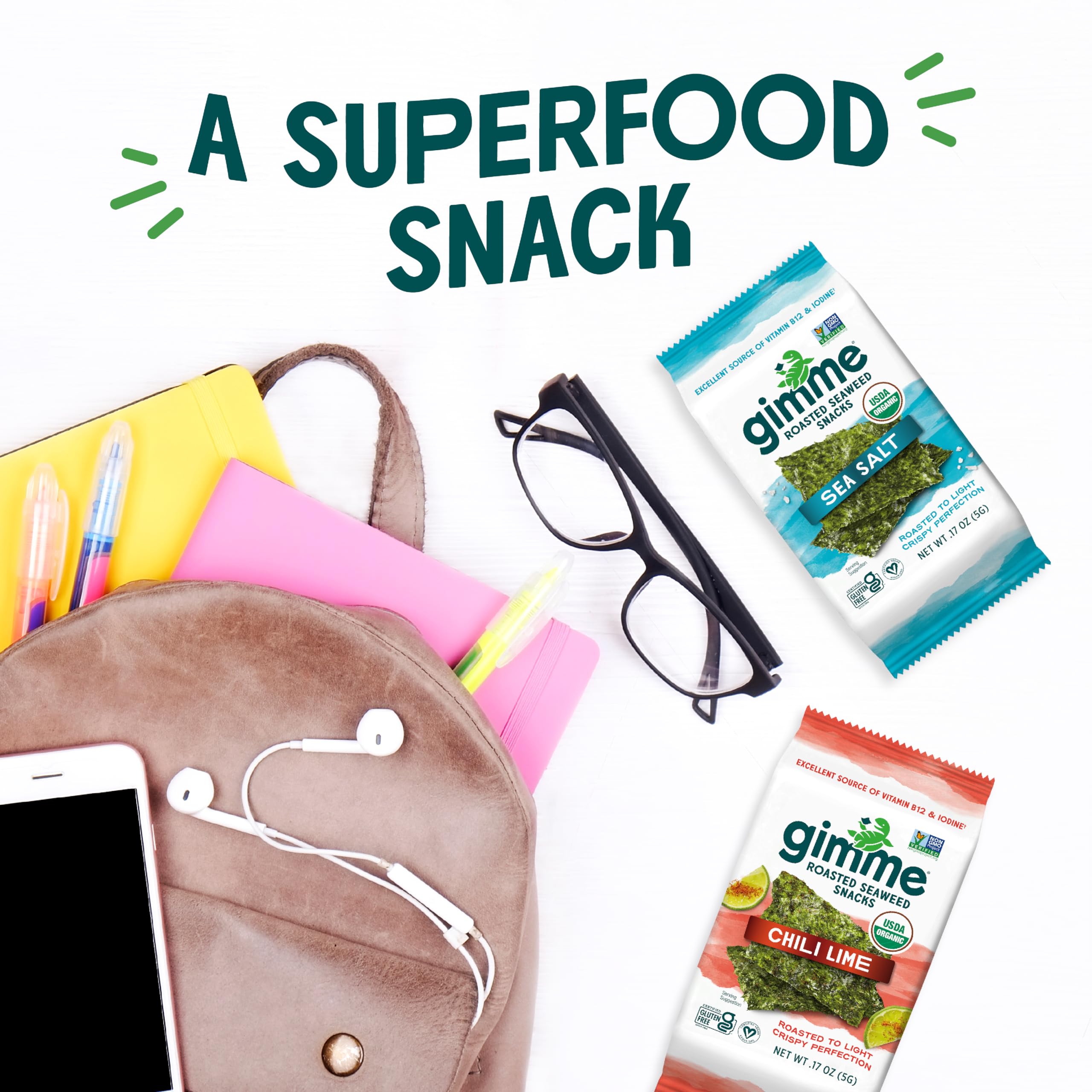 Gimme Seaweed Organic Premium Roasted Seaweed Snacks, Sea Salt, 20 Count, Keto, Vegan, Gluten-Free, Great Source of Omega3s and Iodine, Healthy On-The-Go Snack for Kids and Adults