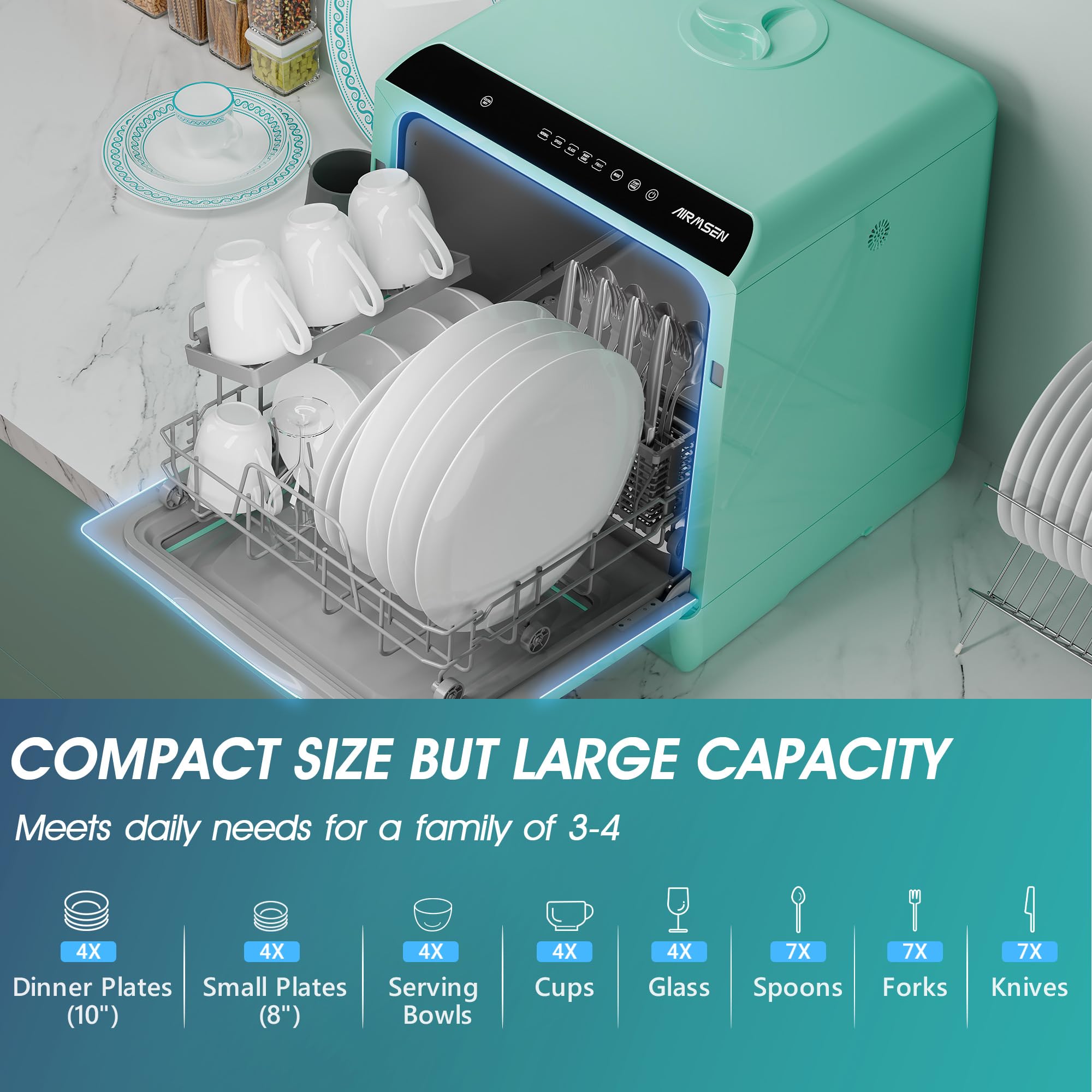 AIRMSEN Portable Countertop Dishwashers, 5 Washing Programs Mini Dishwashers with 1.2 Gal Built-in Water Tank and Double-layered Glass Door, No Hookup Needed for Home, Apartments & RVs
