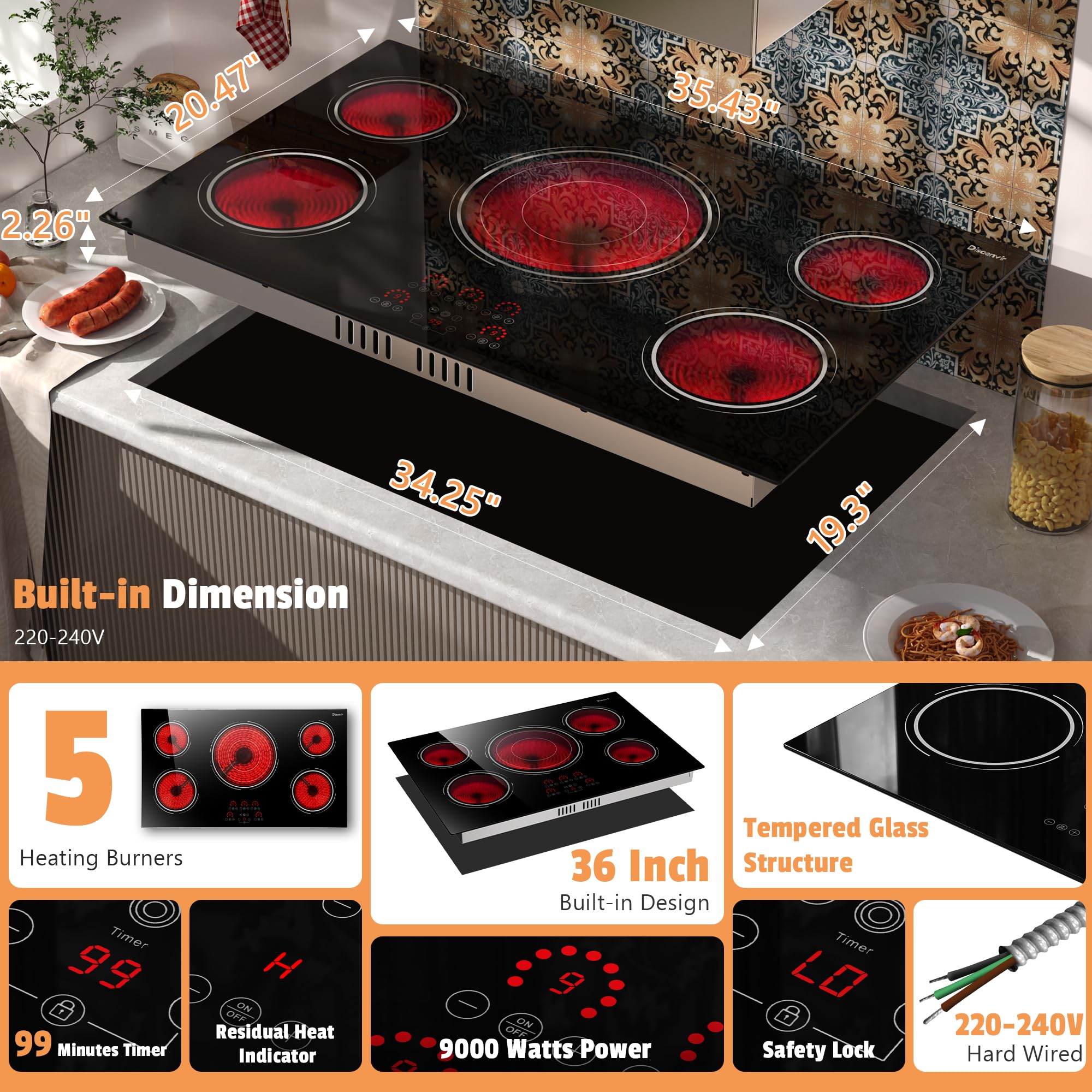 Disaenvir 29.13 Inch (Cut-out Size: 29.13"x19.3") Electric Cooktop - 30 Inch 9000W Powerful 5 Burner Electric Stovetop, Built-in Ceramic Stove 30“, Timer, Safety Lock, Pause, 240V Hard Wired (No Plug)