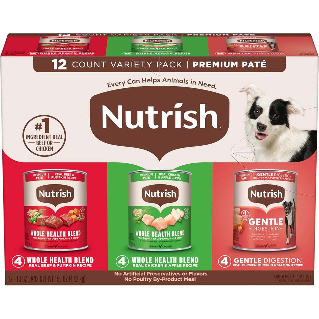 Nutrish Gentle Digestion and Whole Health Blend Premium Paté Variety Pack Wet Dog Food, 13 oz. Can, Pack of 12, Packaging May Vary (Rachael Ray)