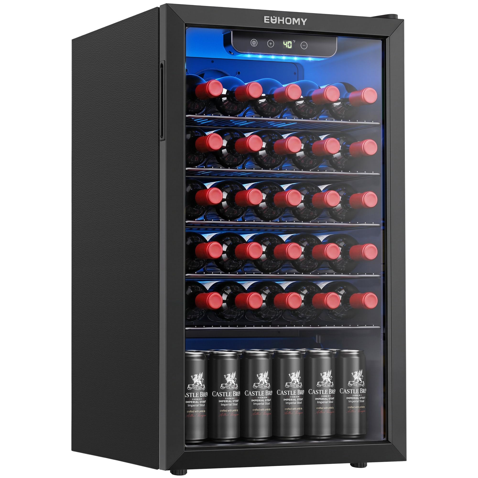 EUHOMY 25 bottle Wine Cooler Refrigerator, Freestanding Compressor Wine Fridge with Adjustable Temperature and Digital Control, Mini Fridge with Glass Door for Red White Wine, Beer, Black