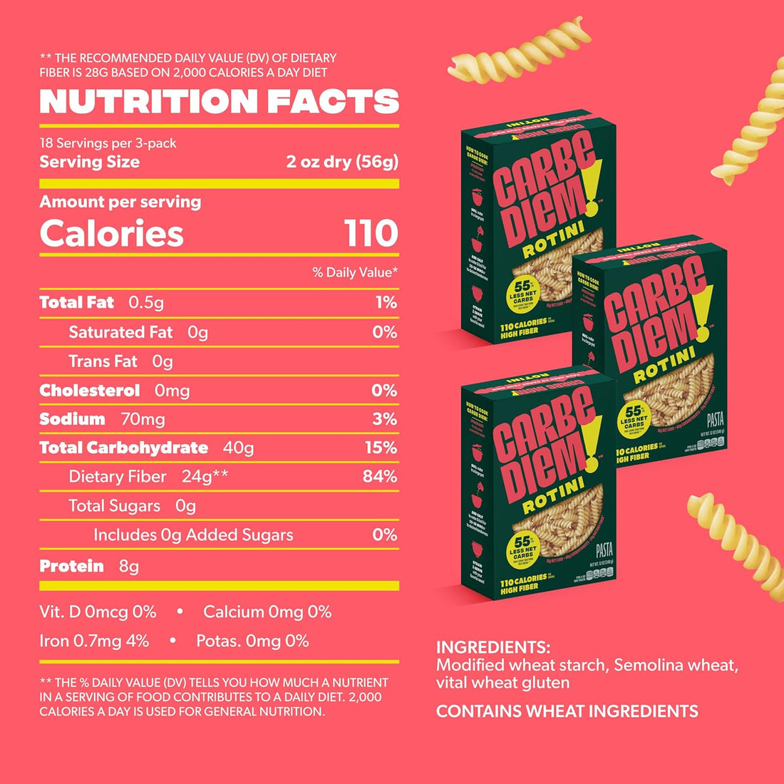 Carbe Diem!, Rotini, Lower Net Carb Pasta with Traditional Flavor & Texture, 8 grams of Protein, 55% Fewer Net Carbs & Only 110 Calories Per Serving, Pack of 3