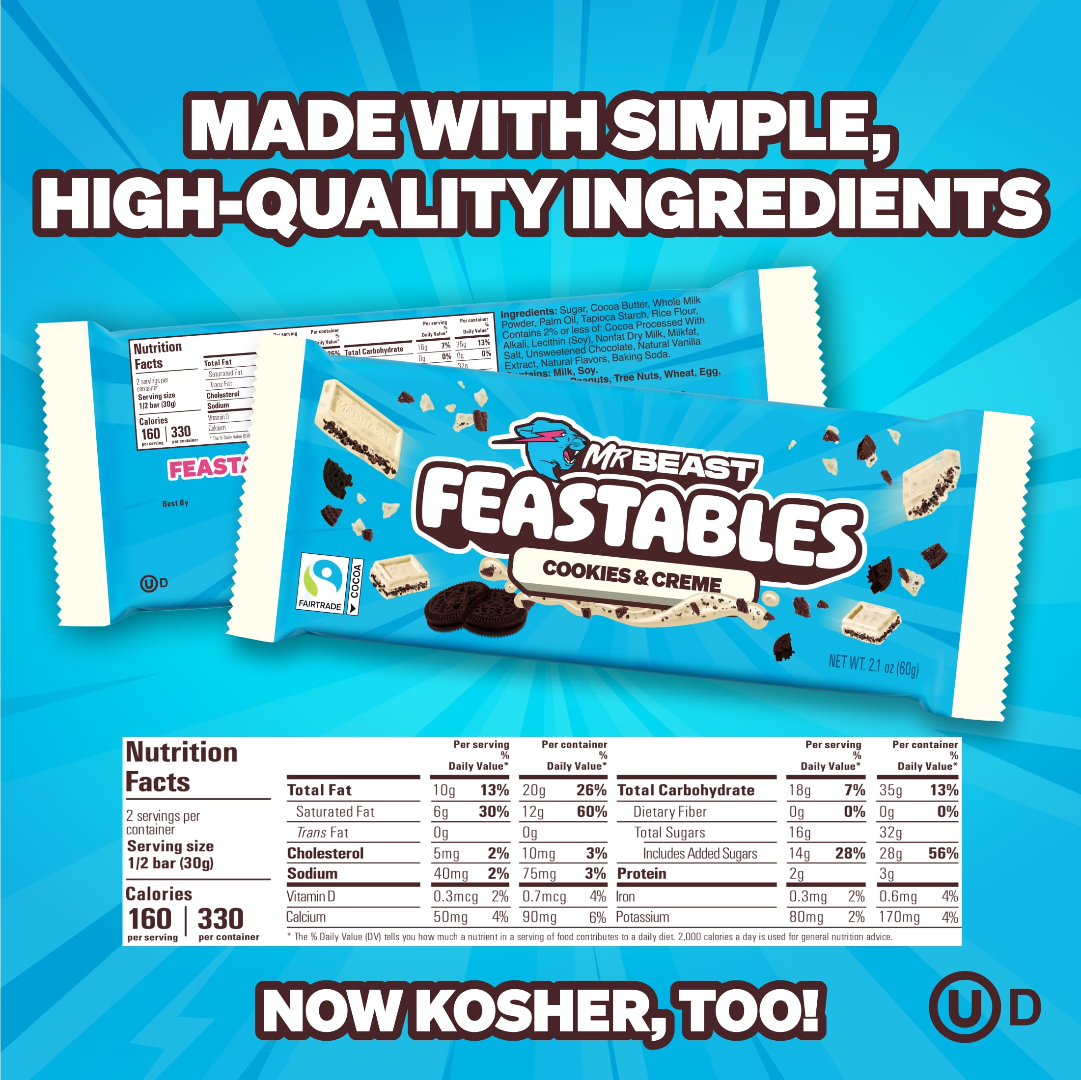 Feastables MrBeast Milk & Cookies Pack, King Size Milk Chocolate & Cookies & Creme Bars, 10 Each, Candy Bars for Adults & Kids as Snacks, Gifts, or Dessert, Fairtrade Cocoa, 2.1 Oz Each, 20 Count