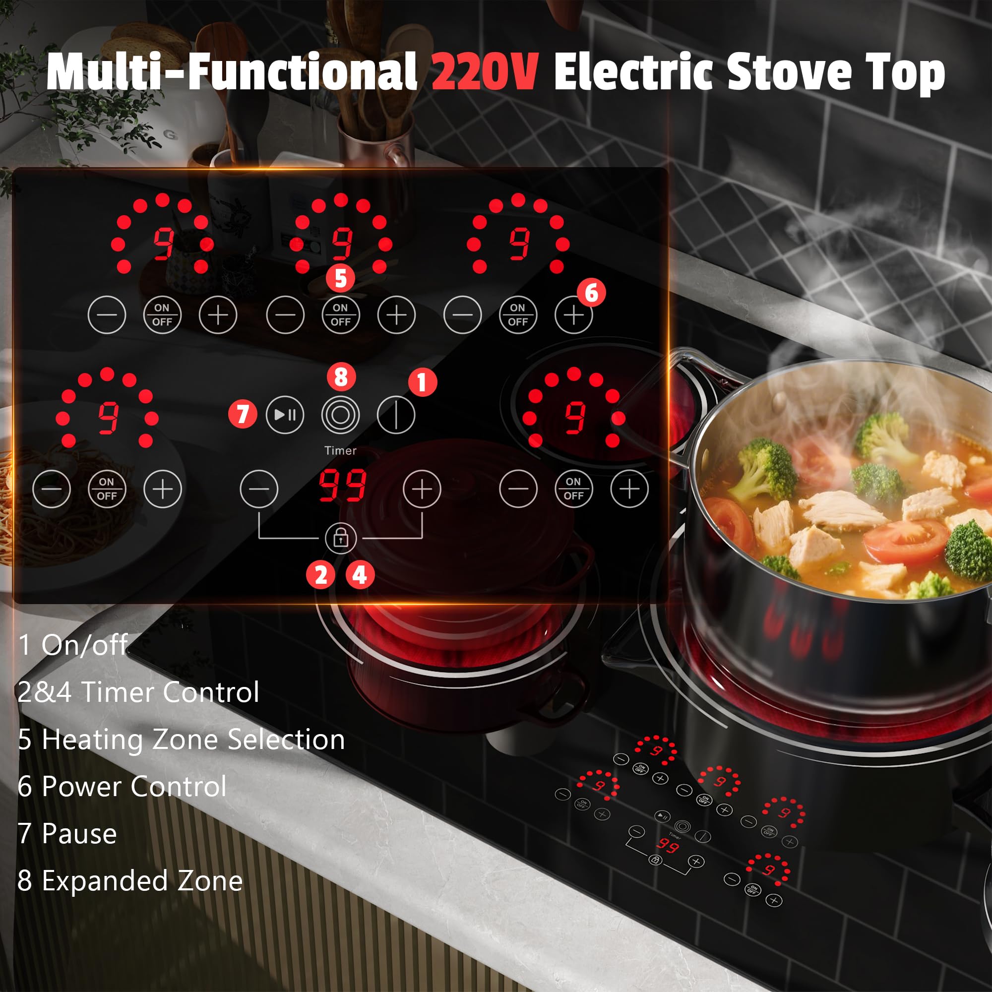 Disaenvir 29.13 Inch (Cut-out Size: 29.13"x19.3") Electric Cooktop - 30 Inch 9000W Powerful 5 Burner Electric Stovetop, Built-in Ceramic Stove 30“, Timer, Safety Lock, Pause, 240V Hard Wired (No Plug)