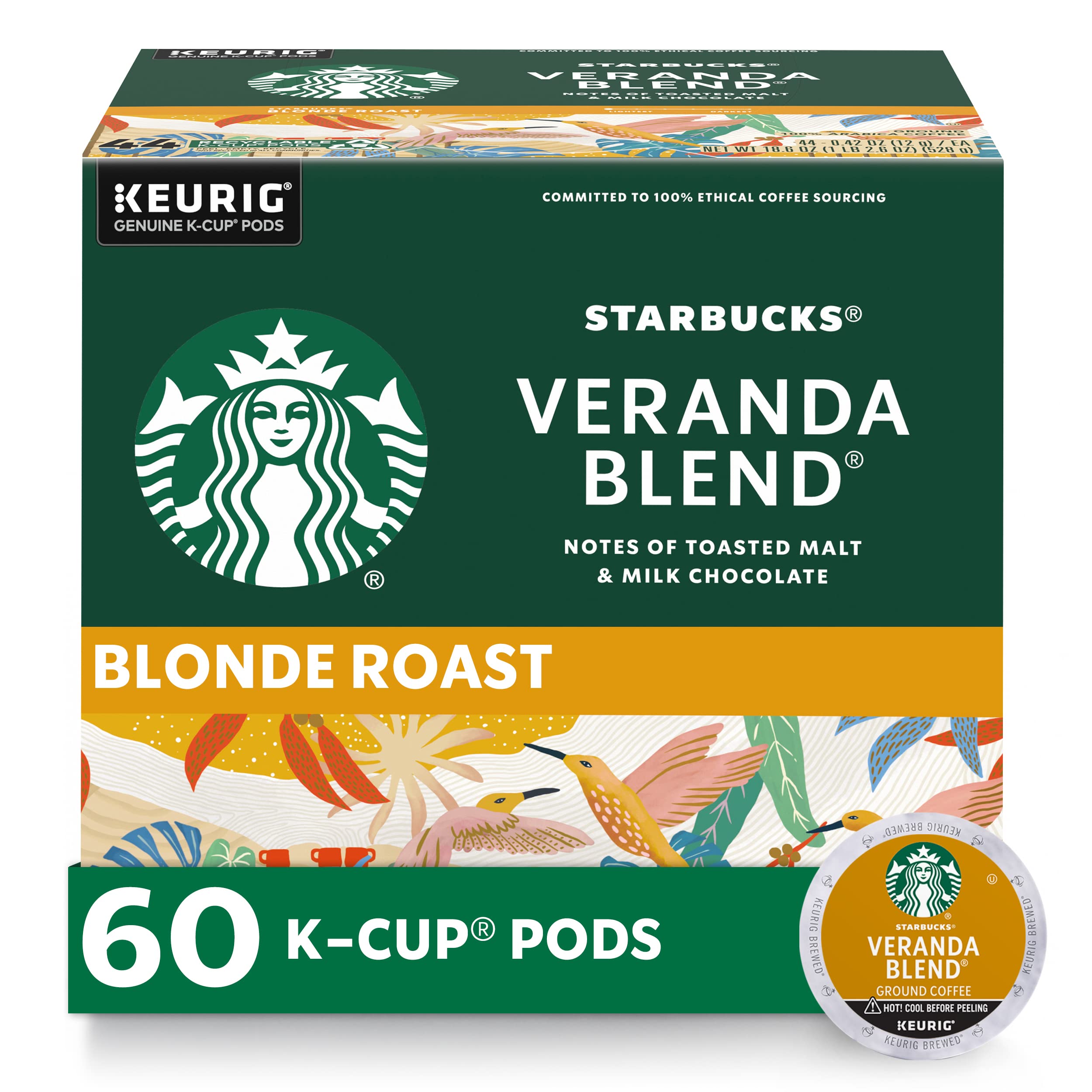 Starbucks K-Cup Coffee Pods, Starbucks Blonde Roast Hot or Iced Coffee, Veranda Blend, 96 Keurig Pods
