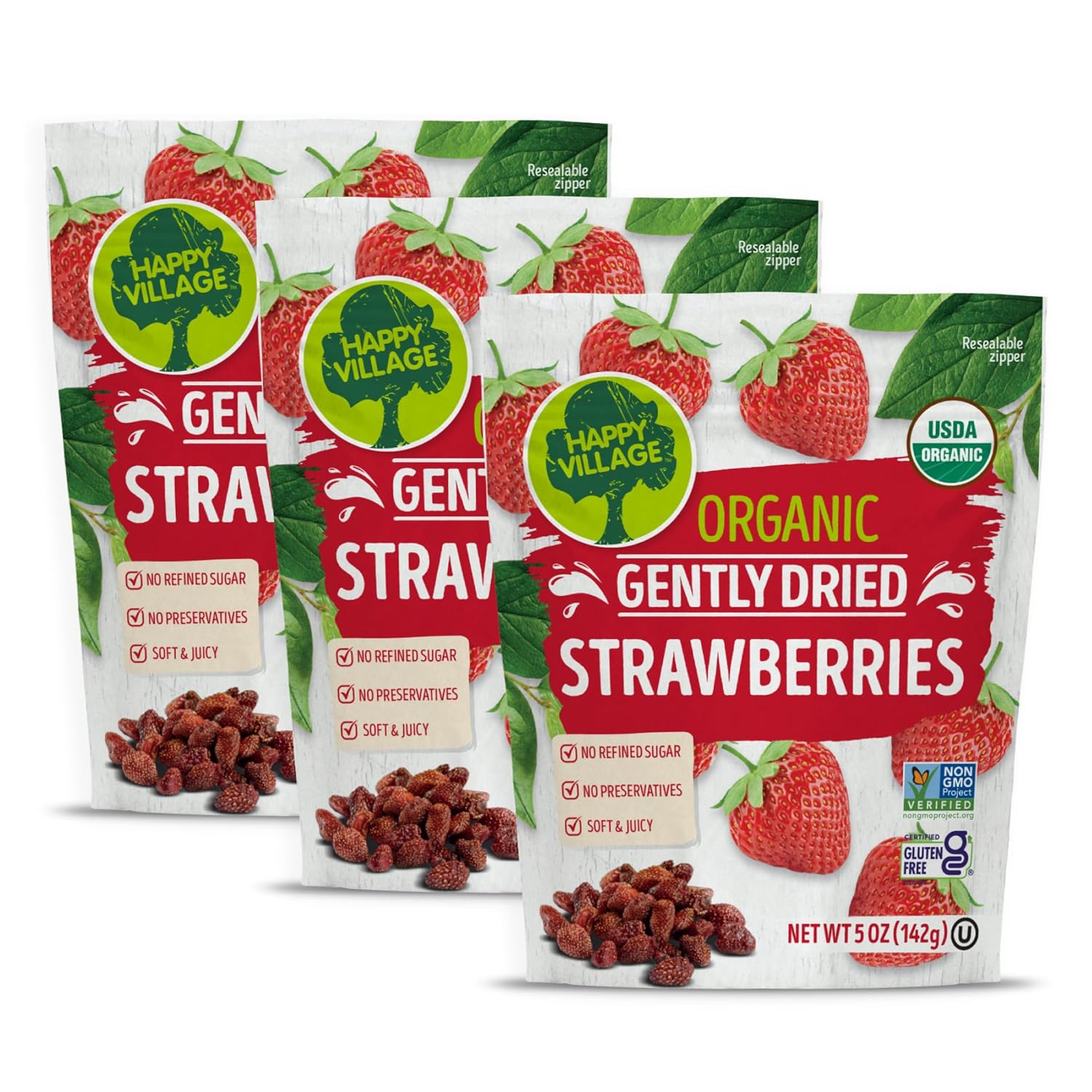 Happy Village Organic Whole Dried Strawberries, 18 OZ Resealable Pack- Soft & Juicy, Kosher, Non-GMO, No Refined Sugar, Apple Juice Infused Dried Strawberry