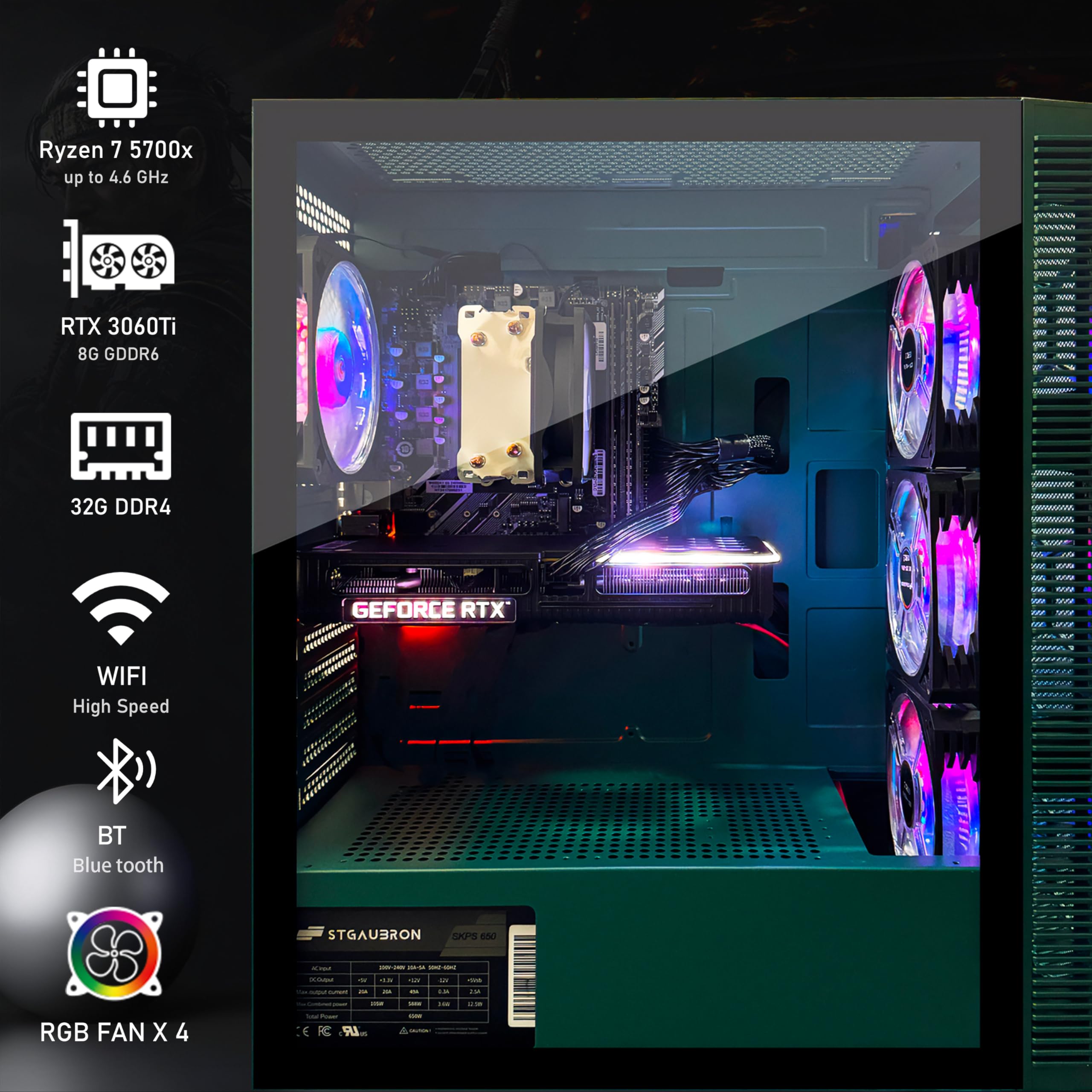 STGAubron Prebuilt Gaming PC Desktop, Radeon RX 550 4G, Intel Core i5 up to 3.6GHz, 16G RAM, 512G SSD, WiFi 6, BT 5.0, RGB Fan x2, Windows 11 Home