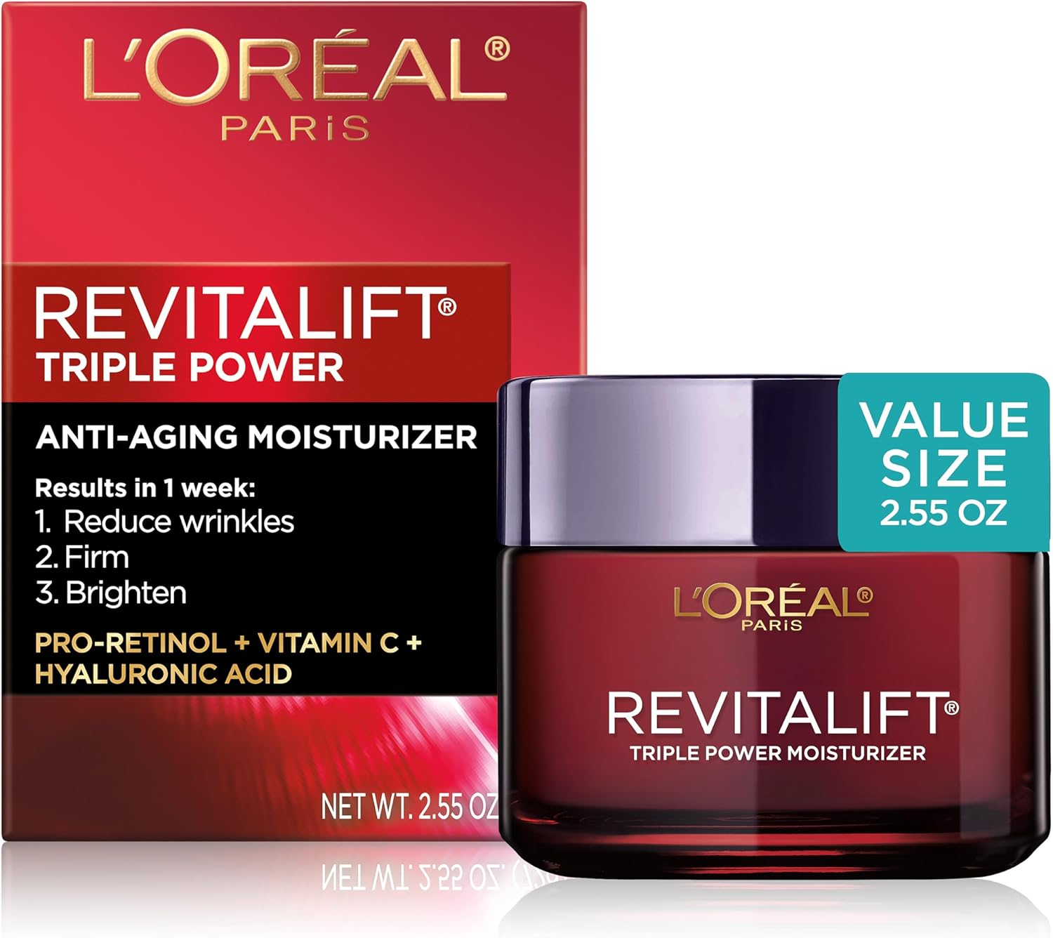 L'OREAL PARIS Skincare Revitalift Triple Power Anti-Aging Face Moisturizer with Pro Retinol, Hyaluronic Acid & Vitamin C to reduce wrinkles, firm and brighten skin, 1.7 Oz - (Packaging May Vary)