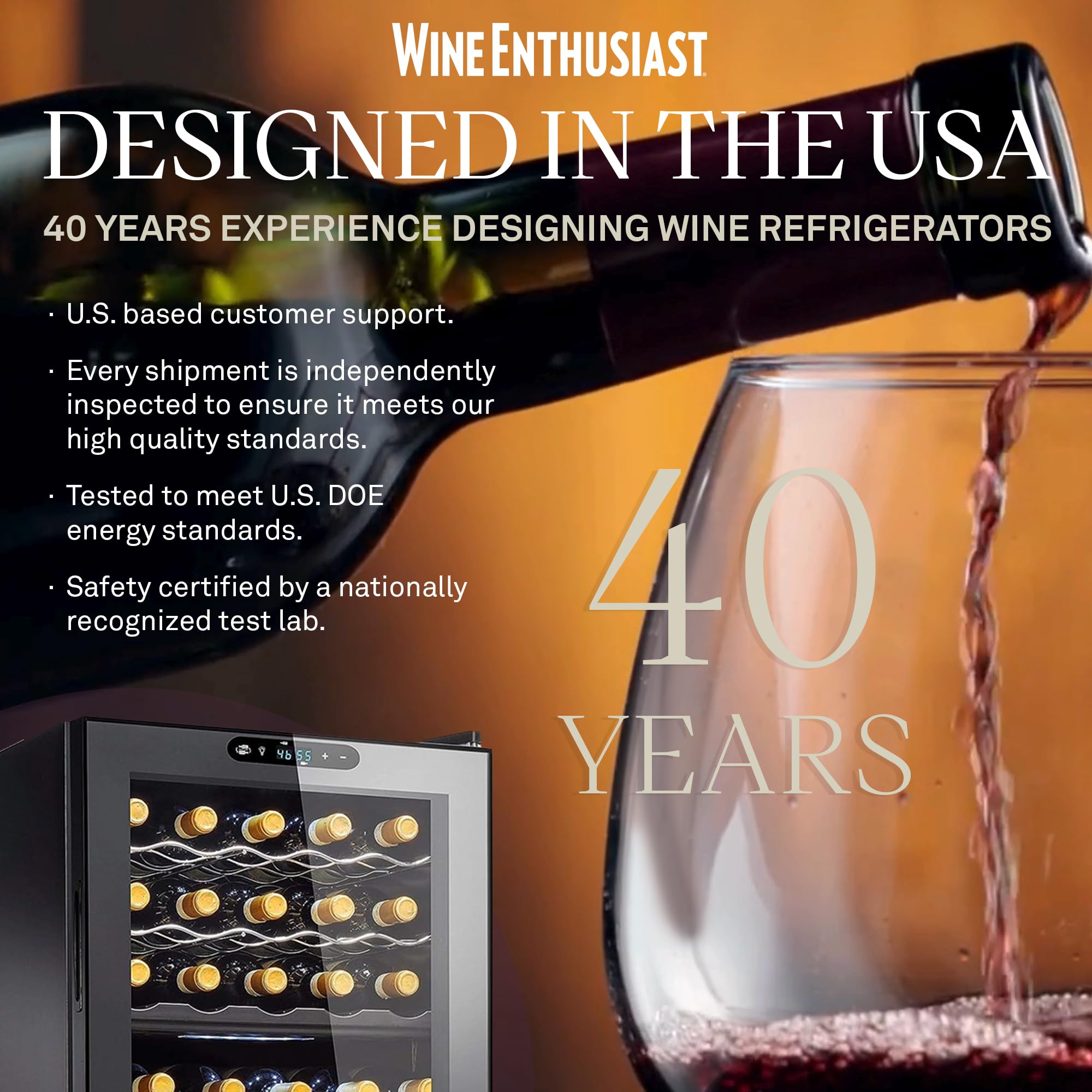 Wine Enthusiast 18-Bottle Slimline Dual Zone Wine Cooler - Energy Efficient Freestanding Wine Refrigerator - Upright Bottle Storage, Adjustable Thermostat, Digital Touchscreen (20.5” x 10.7" x 36.8”)