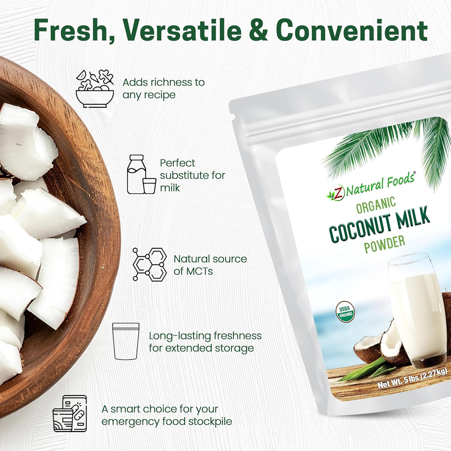 Z Natural Foods Premium Whole Milk Powder - Powdered Milk for Baking, Cooking, Drinks - Dry Milk Powder, Pasteurized, Non-GMO, Gluten-Free, Kosher-Certified, 5 lbs