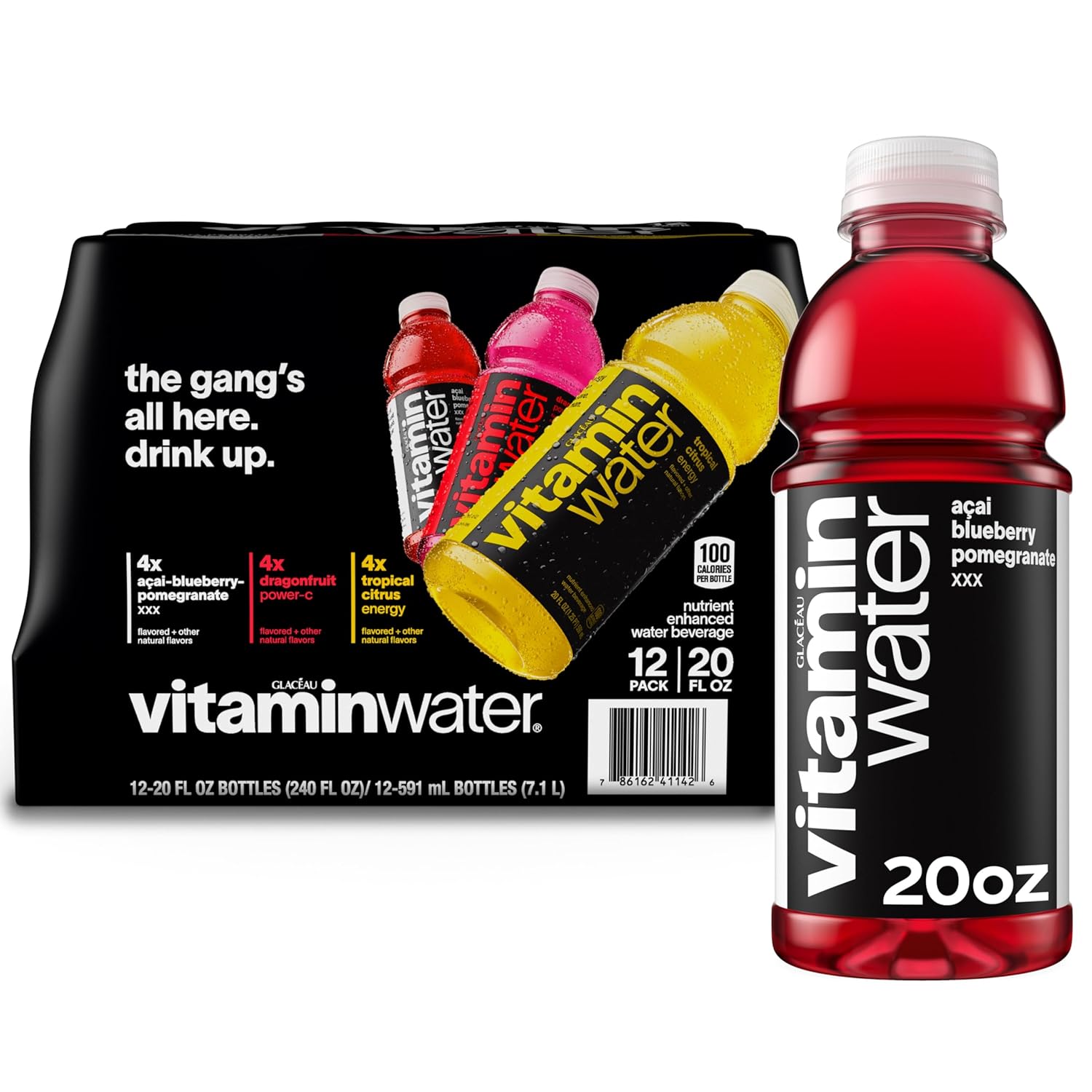 vitaminwater XXX Açai Blueberry Pomegranate Nutrient Enhanced Flavored Water Beverage, 20 fl oz Bottles, 12 Pack