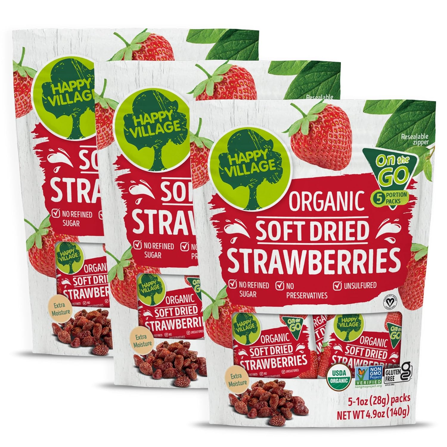 Happy Village Organic Whole Dried Strawberries, 18 OZ Resealable Pack- Soft & Juicy, Kosher, Non-GMO, No Refined Sugar, Apple Juice Infused Dried Strawberry