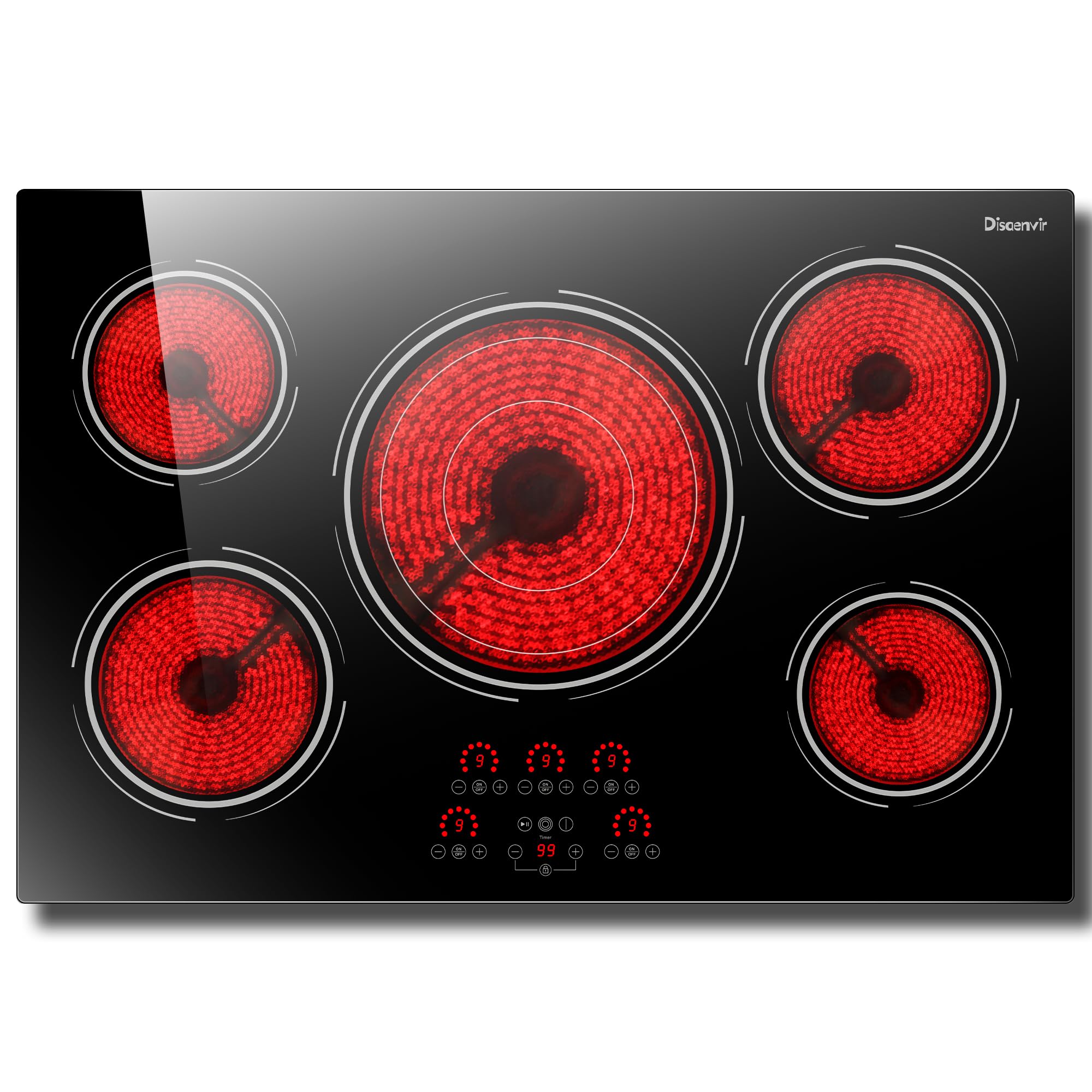Disaenvir 29.13 Inch (Cut-out Size: 29.13"x19.3") Electric Cooktop - 30 Inch 9000W Powerful 5 Burner Electric Stovetop, Built-in Ceramic Stove 30“, Timer, Safety Lock, Pause, 240V Hard Wired (No Plug)