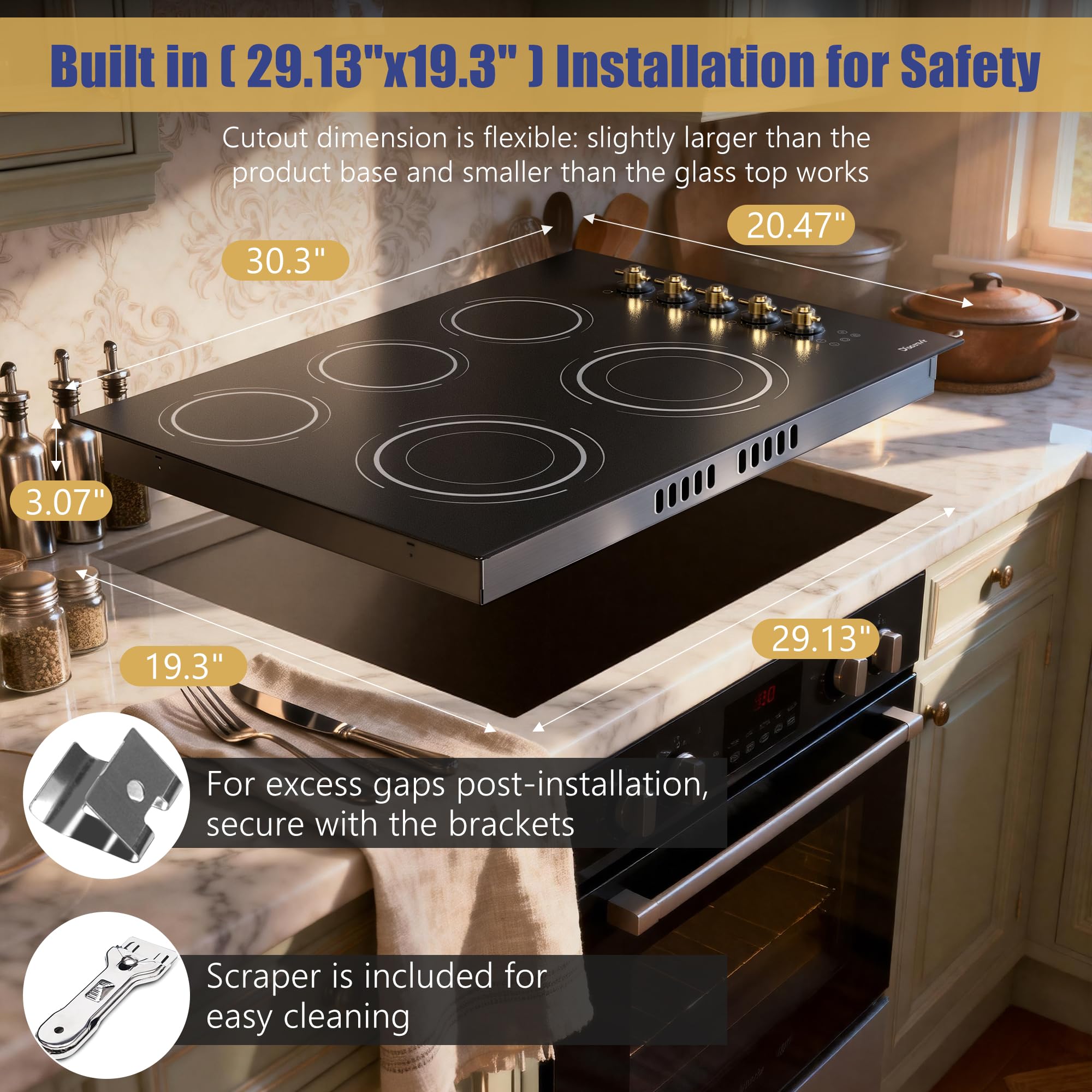 Disaenvir 29.13 Inch (Cut-out Size: 29.13"x19.3") Electric Cooktop - 30 Inch 9000W Powerful 5 Burner Electric Stovetop, Built-in Ceramic Stove 30“, Timer, Safety Lock, Pause, 240V Hard Wired (No Plug)