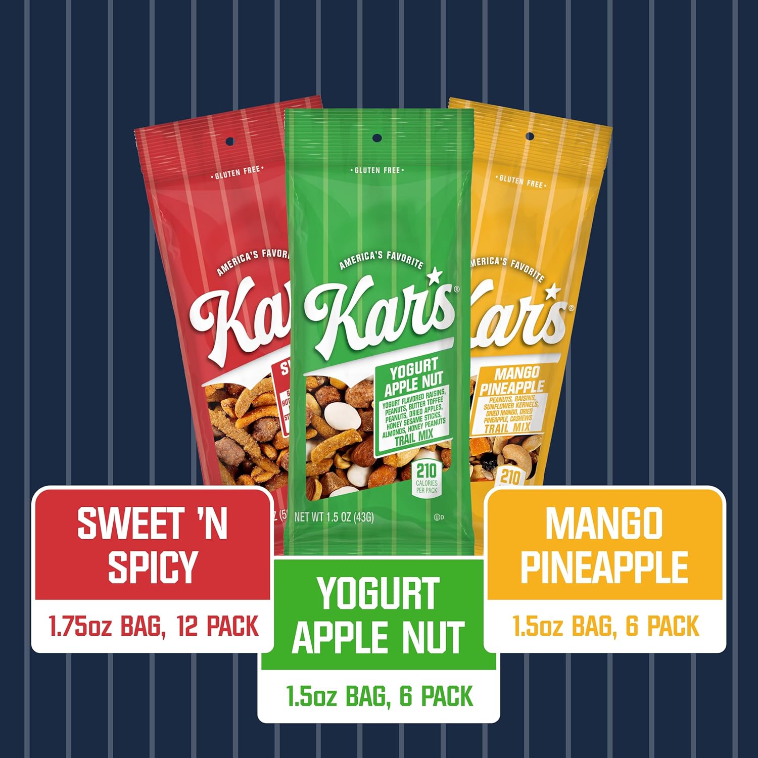 Kar’s Nuts Variety Pack Trail Mix Snacks -Yogurt Apple Nut, Mango Pineapple Mix, Sweet ‘N Spicy – Grab & Go Bags, Individual Snack Packs (Pack of 24), Gluten-Free Trail Mix Snack