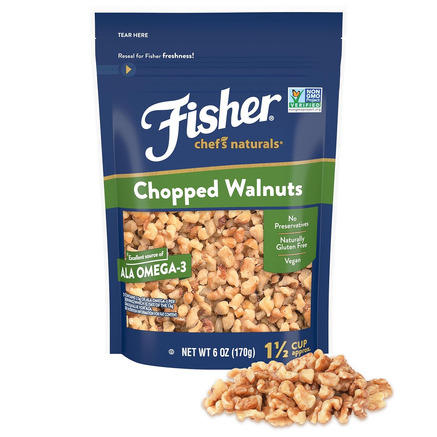 Fisher Chef's Naturals Walnut Halves & Pieces 2 lb, 100% California Unsalted Walnuts for Baking & Cooking, Healthy Snacks for Adults, Resealable Bag, Vegan Protein, Keto Snack, Chopped Nuts, Topping