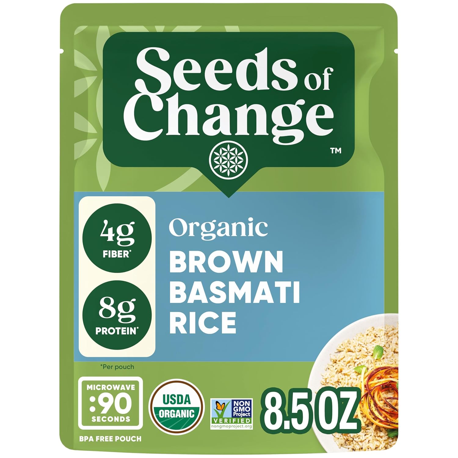 SEEDS OF CHANGE Certified Organic Brown Basmati Rice, Organic Food, 8.5 OZ Pouch (Pack of 12)