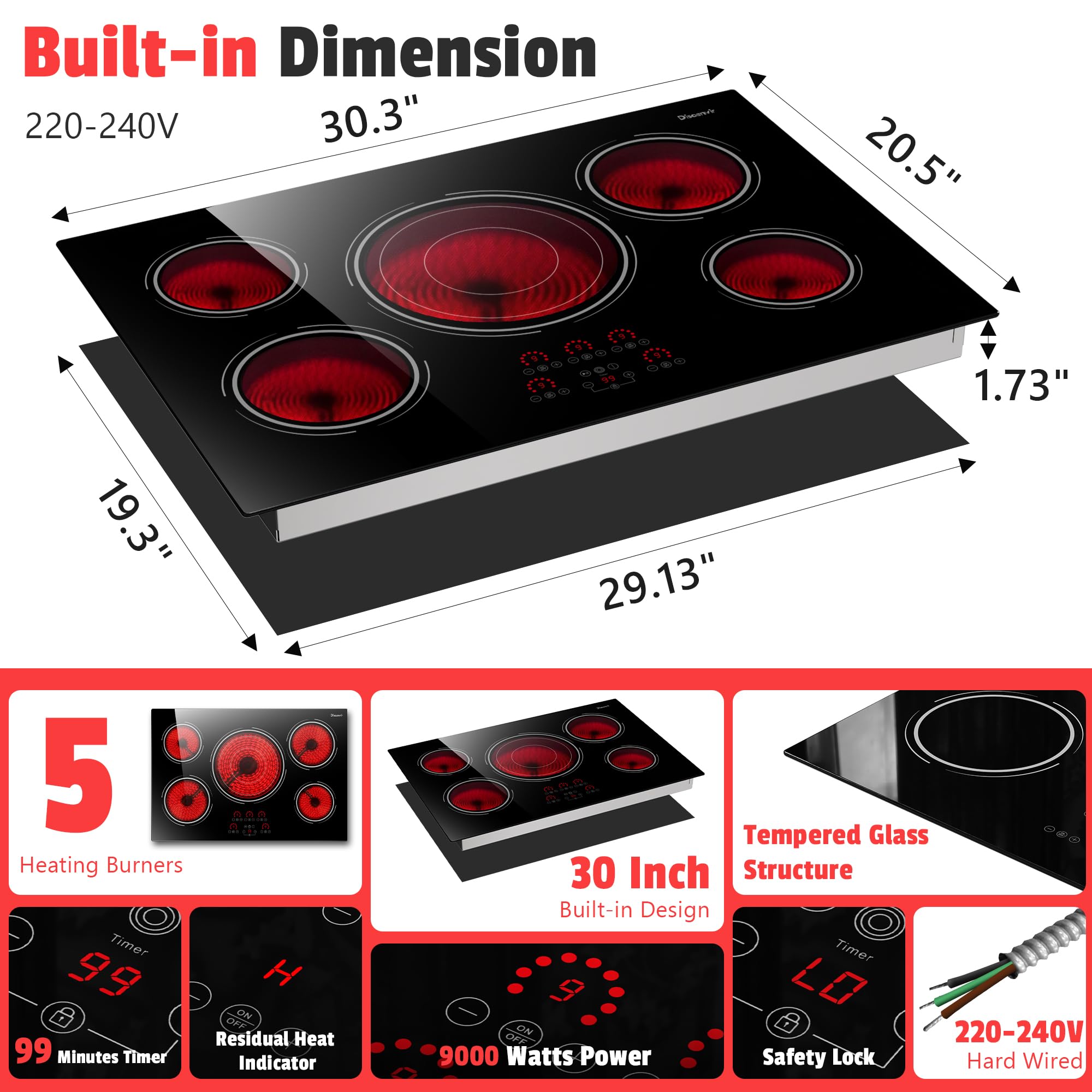 Disaenvir 29.13 Inch (Cut-out Size: 29.13"x19.3") Electric Cooktop - 30 Inch 9000W Powerful 5 Burner Electric Stovetop, Built-in Ceramic Stove 30“, Timer, Safety Lock, Pause, 240V Hard Wired (No Plug)