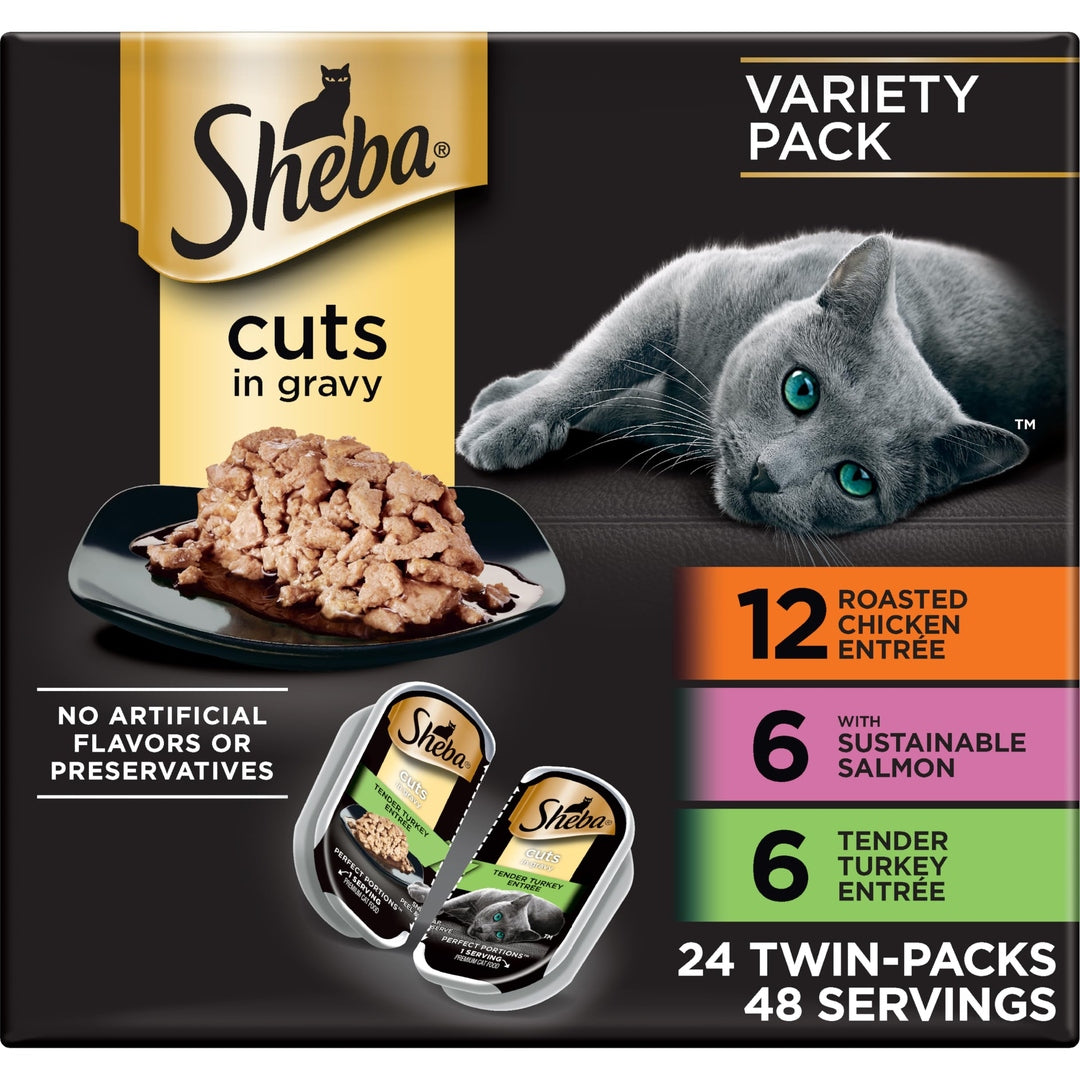 Sheba Perfect Portions Wet Cat Food Cuts in Gravy, Roasted Chicken Entree, with Sustainable Salmon, Tender Turkey Entree, 2.6 oz. Twin-Pack Trays (24 Count, 48 Servings)
