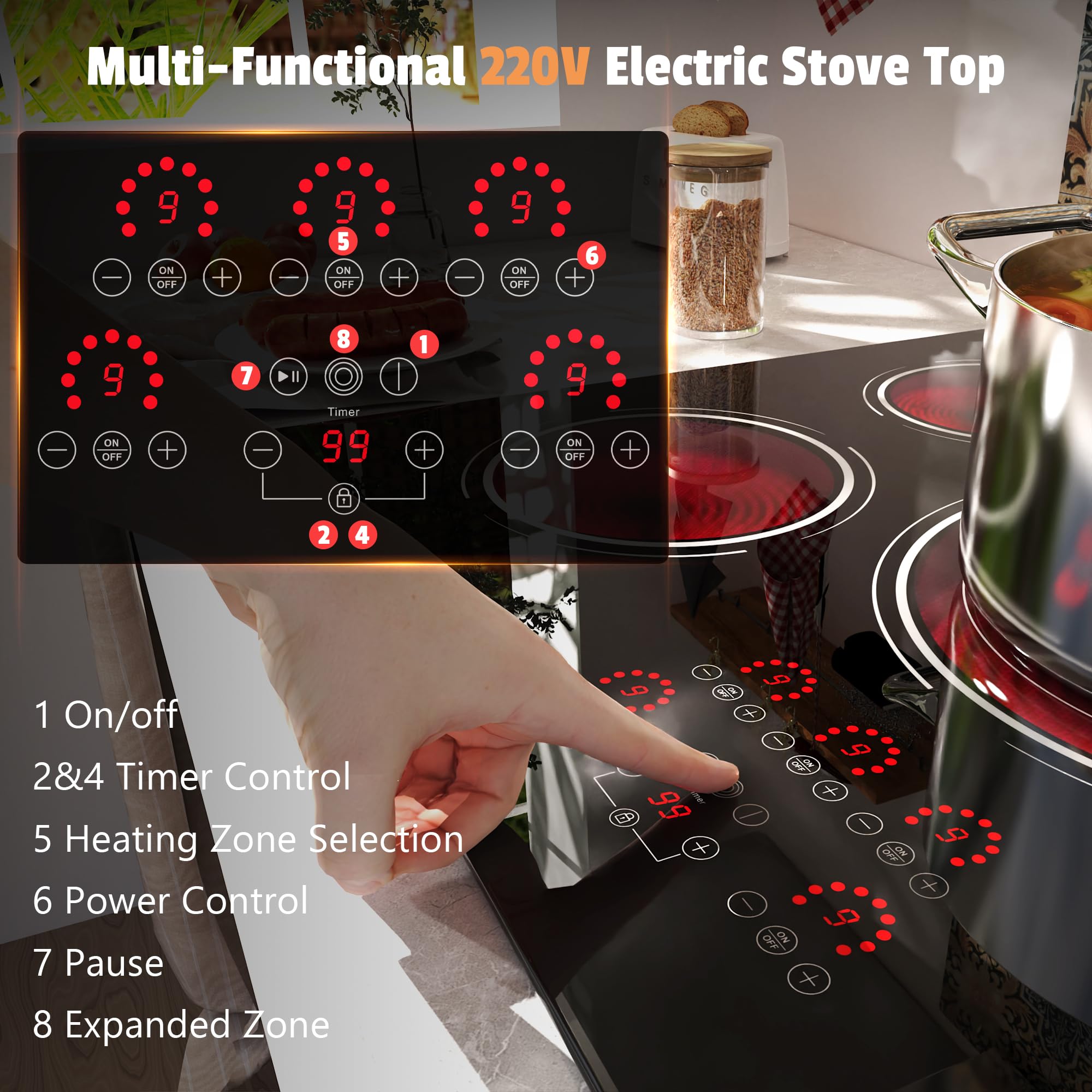 Disaenvir 29.13 Inch (Cut-out Size: 29.13"x19.3") Electric Cooktop - 30 Inch 9000W Powerful 5 Burner Electric Stovetop, Built-in Ceramic Stove 30“, Timer, Safety Lock, Pause, 240V Hard Wired (No Plug)