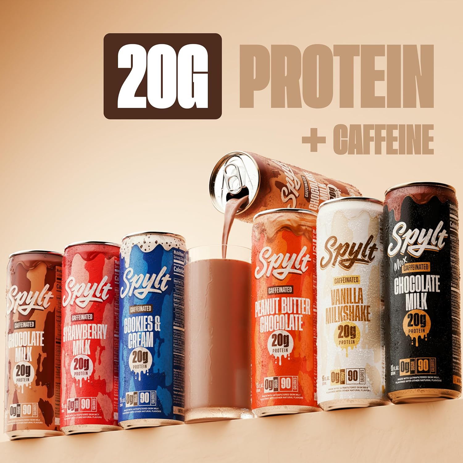 Spylt High Protein Vanilla Milkshake with 60mg Caffeine & 20g Protein - 90 Calories, Ready to Drink, Sugar Free, Lactose Free Milk, Perfect for Workout Recovery & Afternoon Pick Me Up - 12 Count
