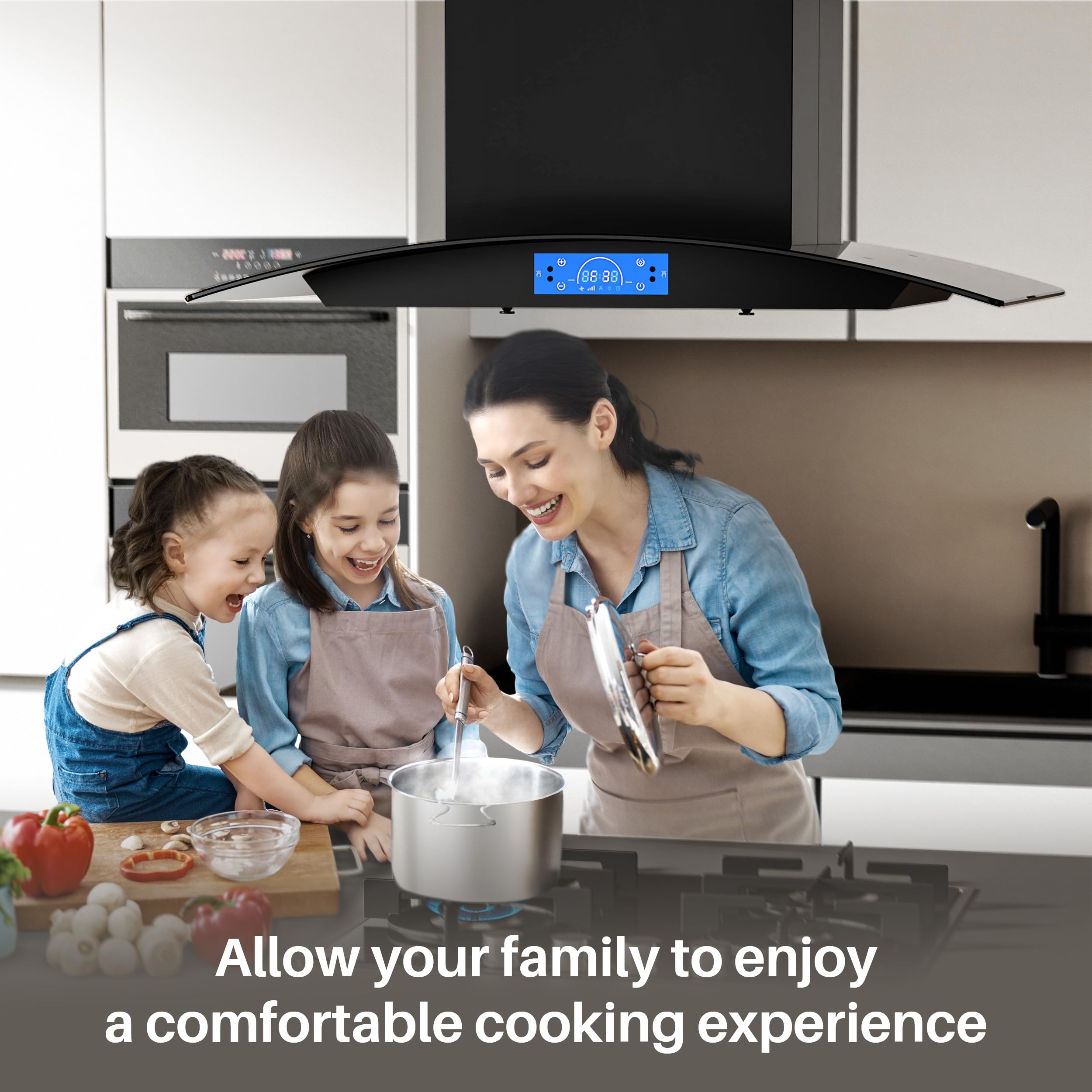 FIREGAS Island Range Hood 30 inch 700 CFM with Chimney, Ceiling Mount Kitchen Vent Hood with Tempered Glass, 4 LED Lights, Permanent Filters, Premium Touch Control Panel, Includes Charcoal Filter