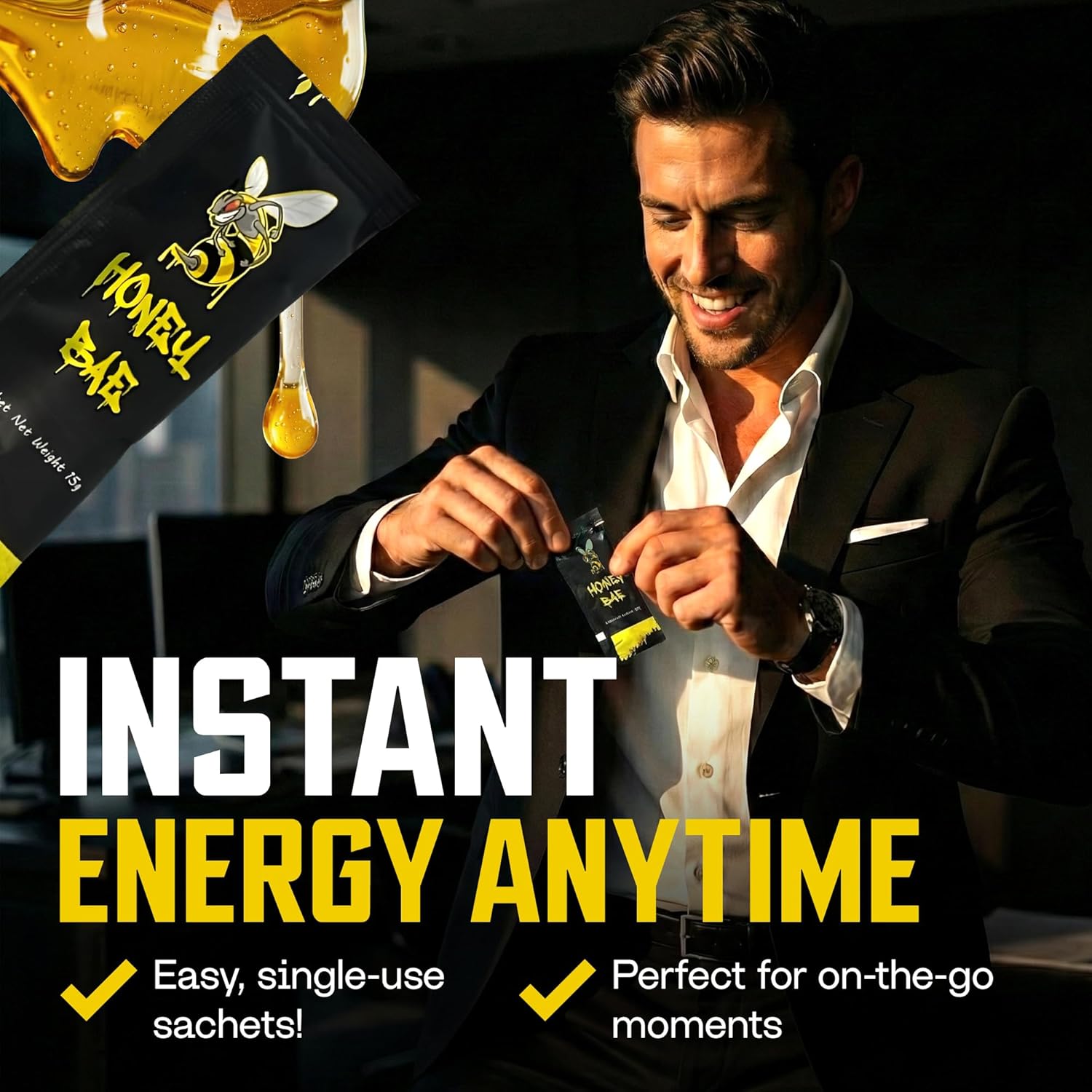 Honey Bae Natural Honey Satchets 12 Pack - Supplement for Vitality, Performance & Stamina - 15 Gram Satchet - Herbal Energy Boost for Men