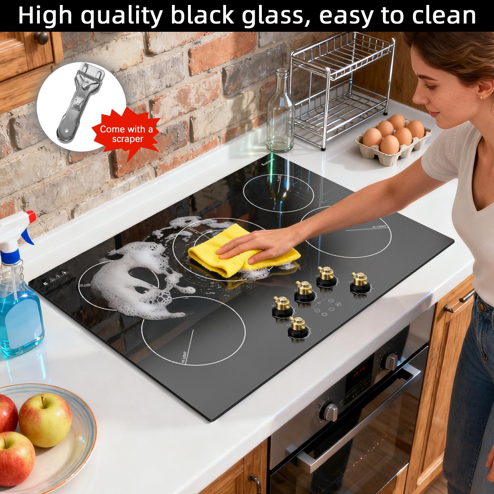 Karinear 30 Inch Electric Cooktop 4 Burners, Knob Control Built-in Ceramic Cooktop, 30" Radiant Electric Stove Top with Glass Protection Metal Frame,Fits Most Existing Cutouts, 220-240v, Hard Wire