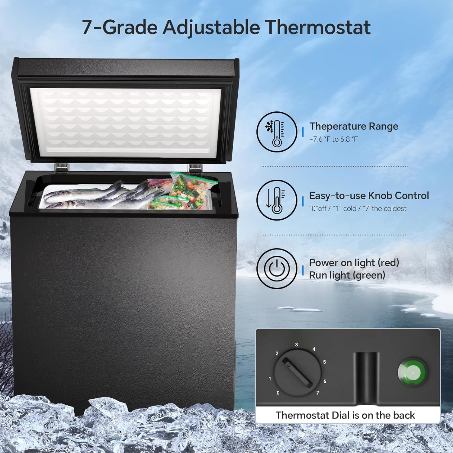 Kismile 2.8 Cubic Feet Chest Freezer with 2 Removable Basket Free Standing Top Open Door Compact Freezer with Adjustable Temperature for Home/Kitchen/Office/Bar