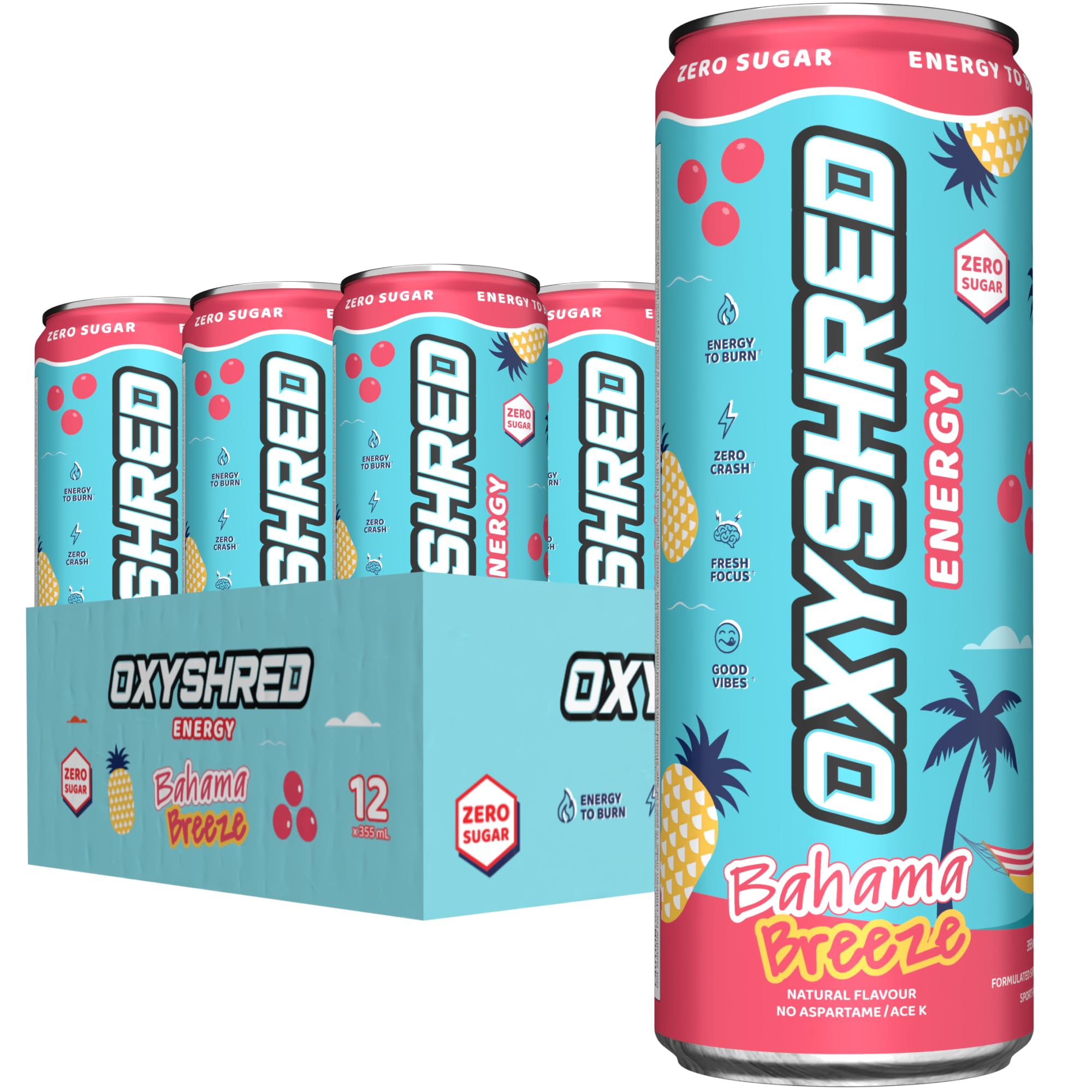 EHP Labs OxyShred Healthy Energy Drink - Zero Sugar Energy Drinks with Amino Acids, Green Tea Extract, Vitamin C & L Carnitine - Zero Carbs, Zero Calories, Clean Caffeine, Bahama Breeze (12-Pack)