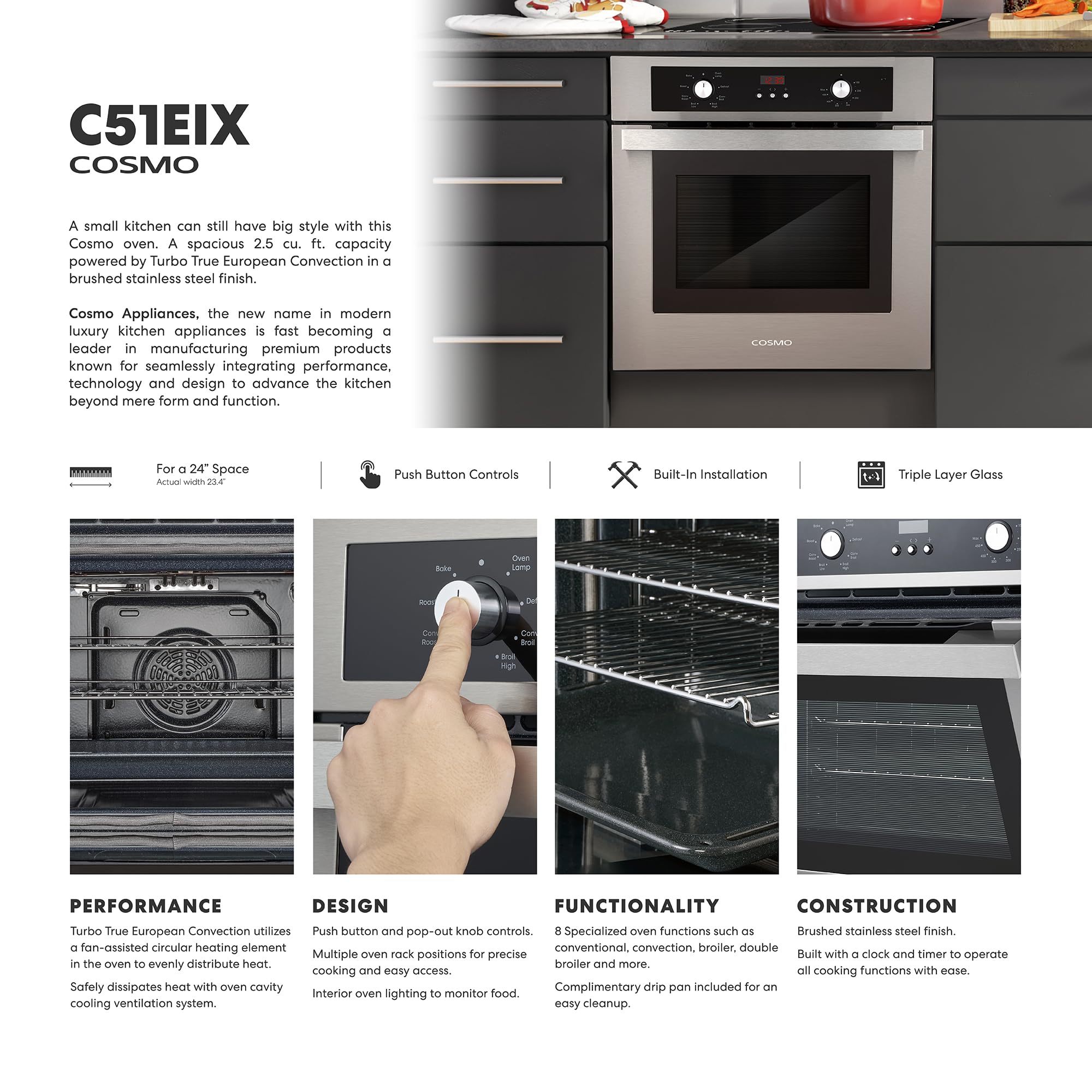 COSMO C51EIX 24 in. Lumin Collection 24 in. Lumin Collection 2.9 cu. ft. Electric Wall Oven, 8 Functions & Turbo True European Convection in Stainless Steel