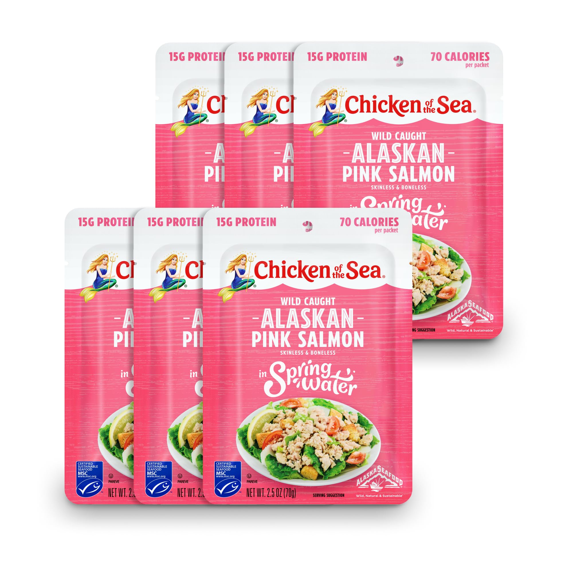 Chicken of the Sea Alaskan Pink Salmon in Spring Water, 2.5 Ounce Packets (Box of 12), Wild Caught, Skinless & Boneless