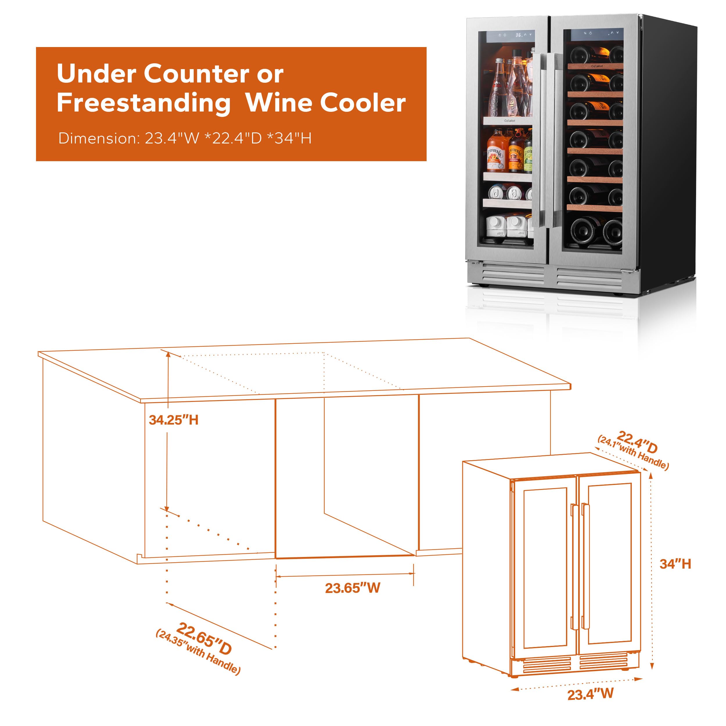 Ca'Lefort 15 Inch Wine Fridge, 33 Bottle Wine Cooler Refrigerator, 40-65°F Wine Refrigerator Glass Door, 3 LED Wine Fridge, Built-in or Freestanding Fridge for Home/Bar/Kitchen (3.0 cu.ft)