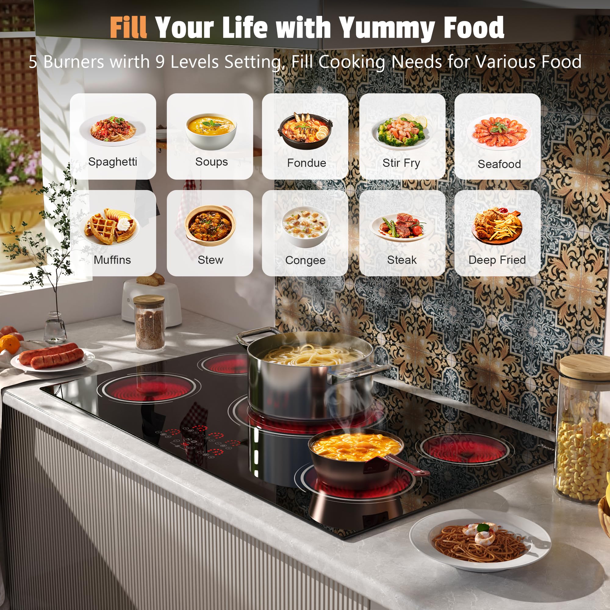 Disaenvir 29.13 Inch (Cut-out Size: 29.13"x19.3") Electric Cooktop - 30 Inch 9000W Powerful 5 Burner Electric Stovetop, Built-in Ceramic Stove 30“, Timer, Safety Lock, Pause, 240V Hard Wired (No Plug)