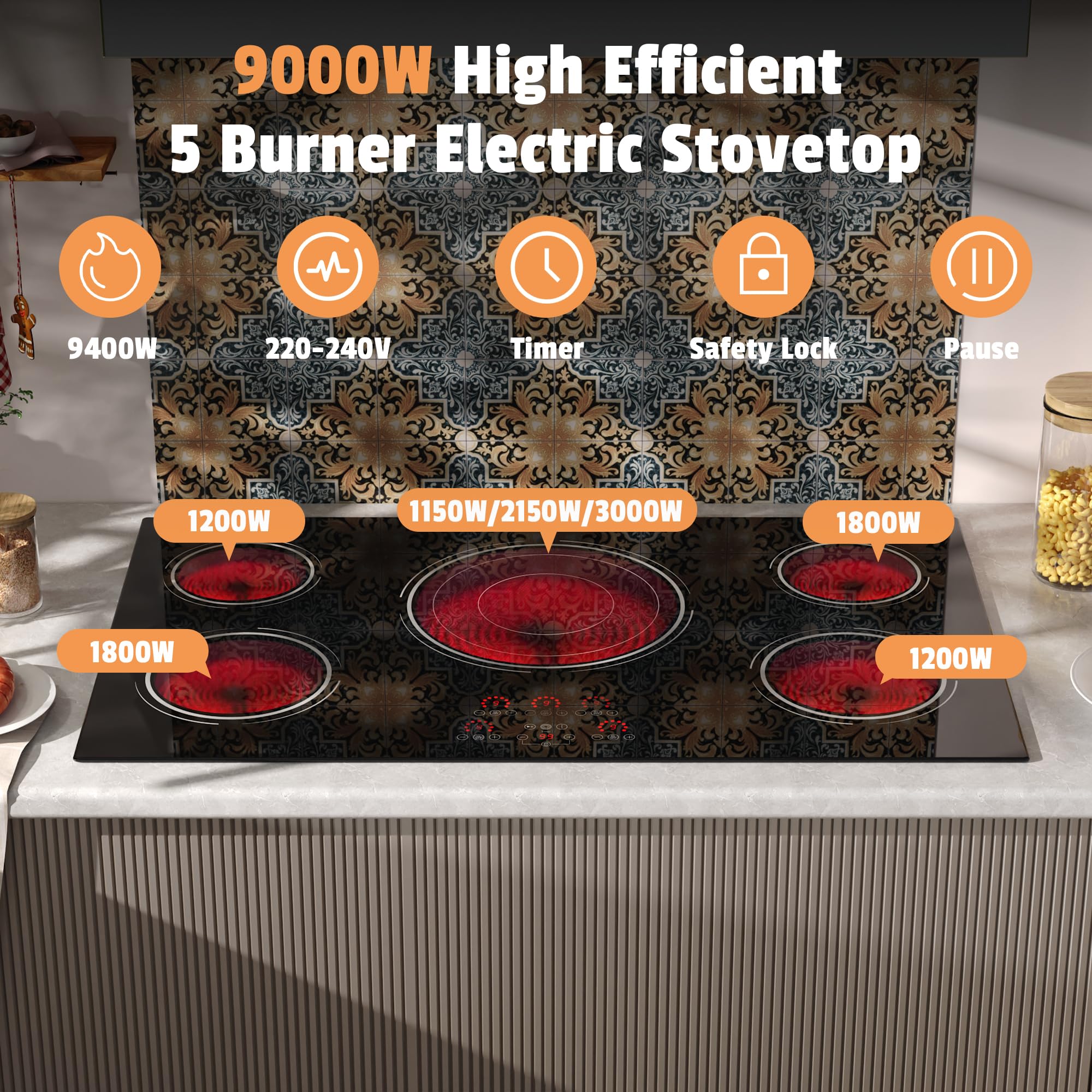 Disaenvir 29.13 Inch (Cut-out Size: 29.13"x19.3") Electric Cooktop - 30 Inch 9000W Powerful 5 Burner Electric Stovetop, Built-in Ceramic Stove 30“, Timer, Safety Lock, Pause, 240V Hard Wired (No Plug)