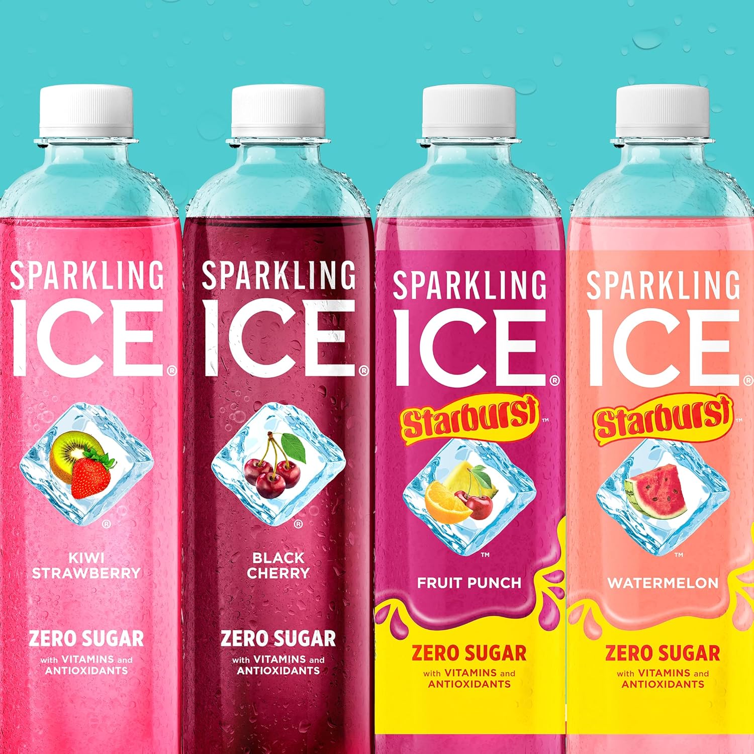 Sparkling Ice STARBURST Red Variety Pack, Zero Sugar Flavored Sparkling Water, Vitamins & Antioxidants, 17 fl oz, 12 count (Kiwi Strawberry, Black Cherry, Starburst Fruit Punch, Starburst Watermelon)