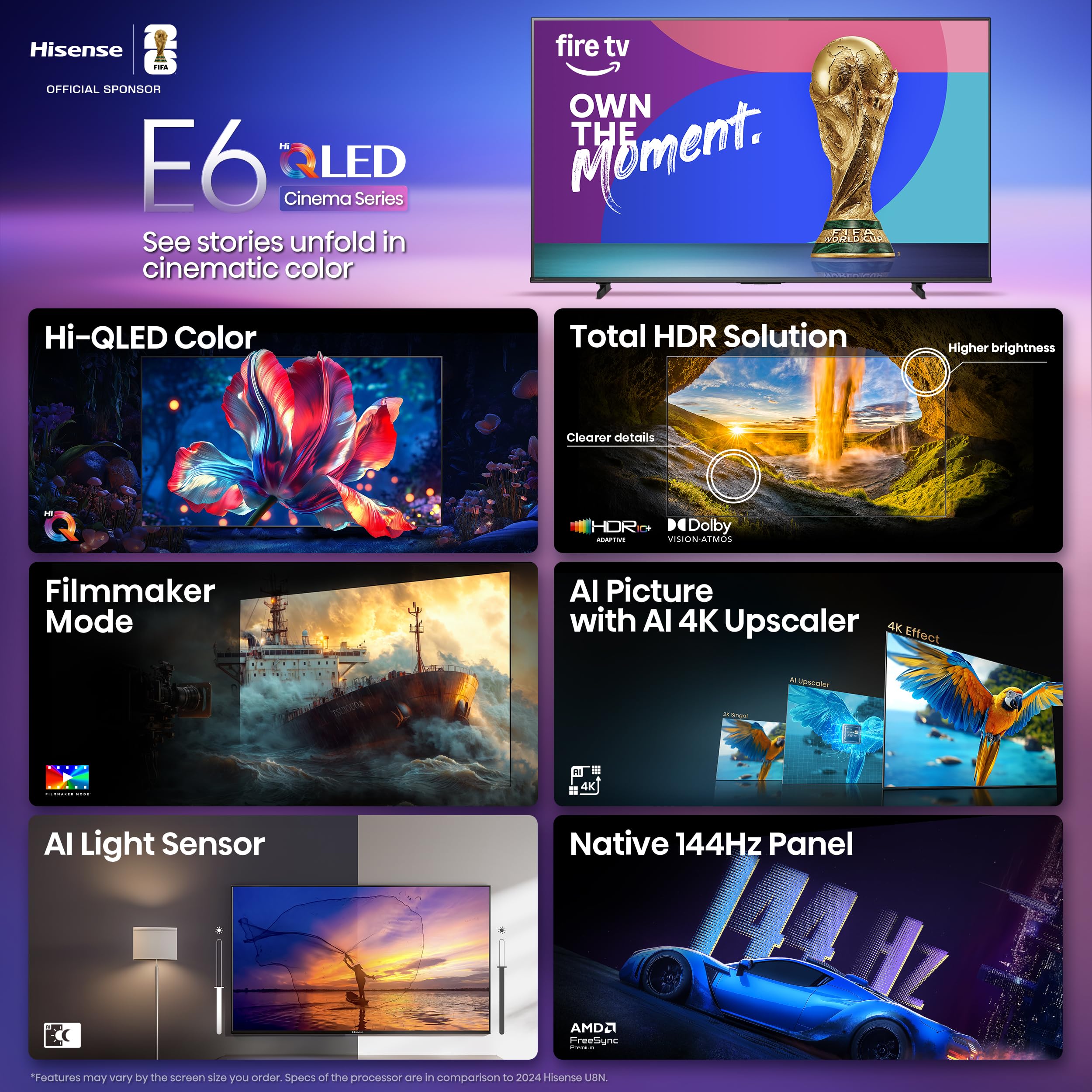 Hisense 55" E6 Cinema Series Hi-QLED 4K UHD Smart Fire TV (55E6QF) - AI Light Sensor, Dolby Vision · Atmos, Voice Remote with Alexa, Motion Rate 120, HDR 10+ Adaptive, Game Mode Plus