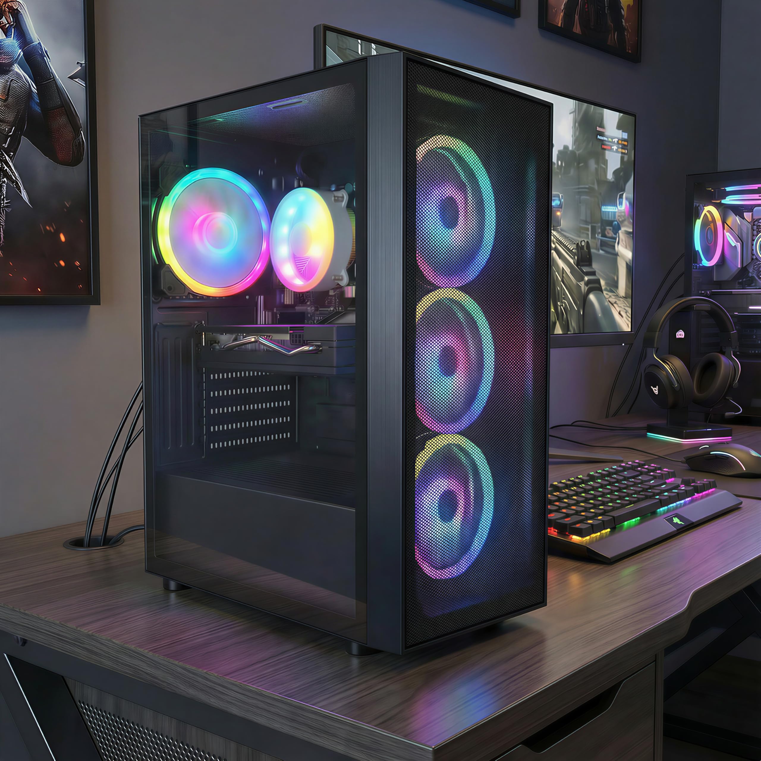 STGAubron Gaming PC Desktop Computer, Intel Core i7 up to 3.9GHz, Radeon RX 580 8G, 16G RAM, 512G SSD, WiFi 6, BT 5.0, RGB Fan x4, Windows 11 Home