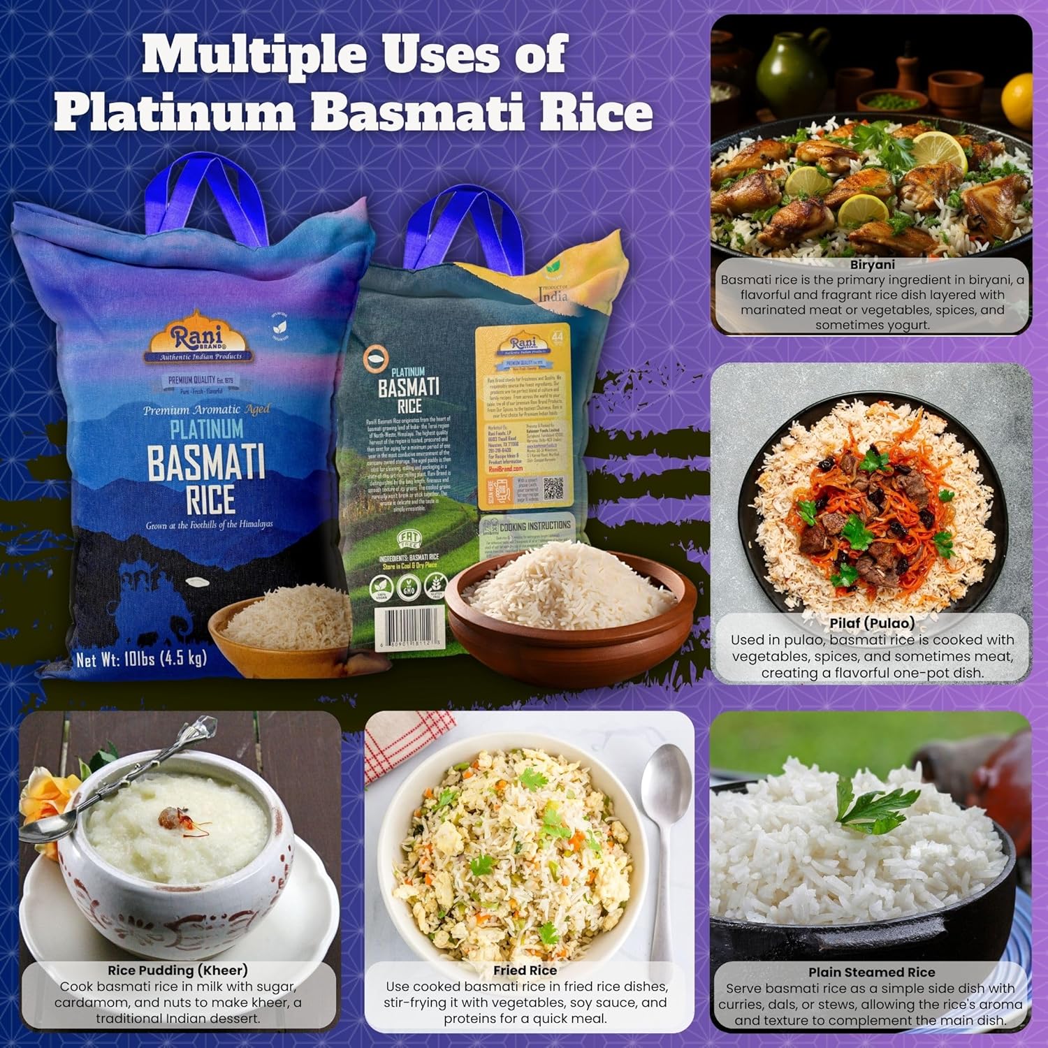 Rani Platinum White Basmati Rice Extra Long Aged 10-Pound Bag, 160oz (10lbs) 4.53kg ~ All Natural | Gluten Friendly | Vegan | Indian Origin | Kosher | Export Quality