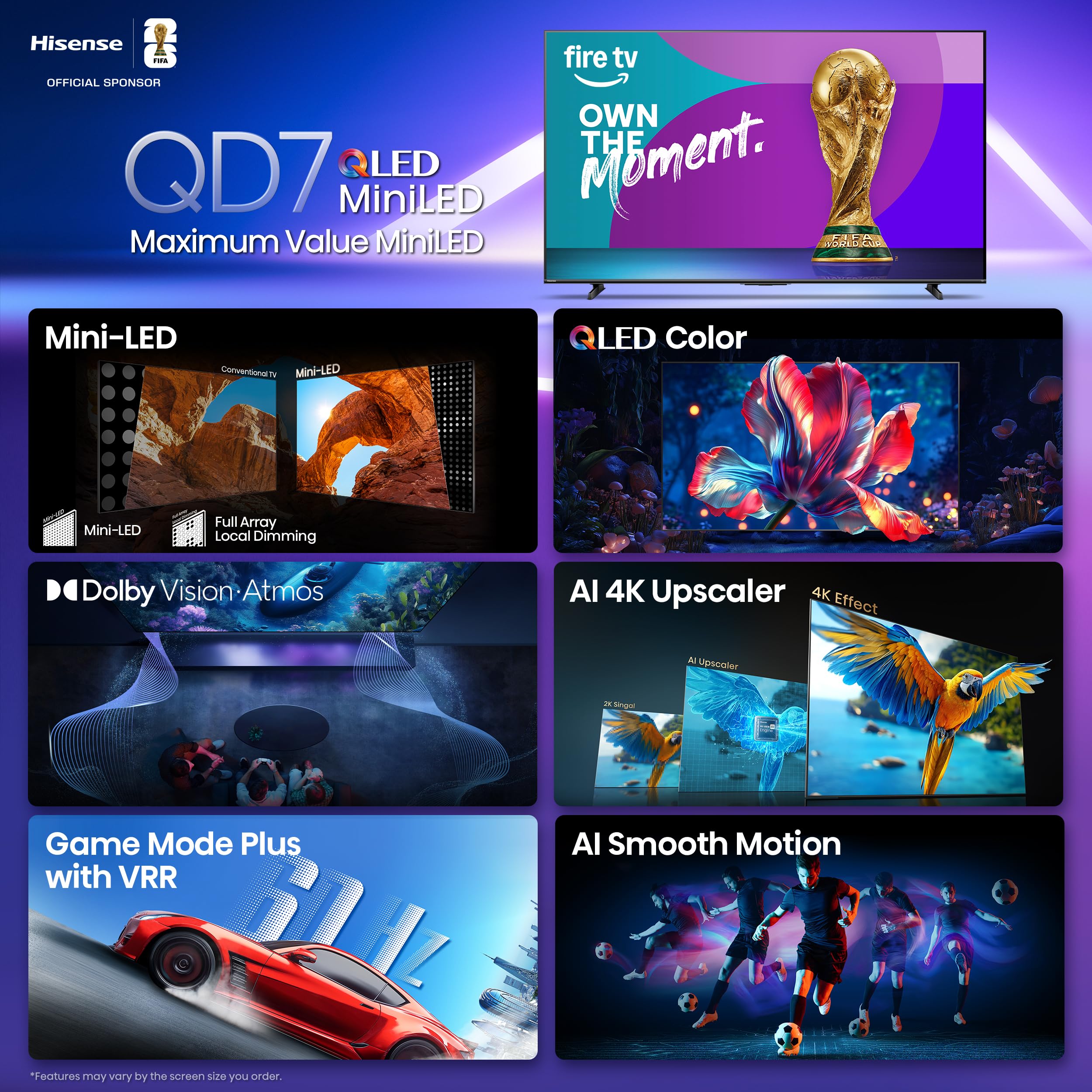 Hisense 75" QD7 Mini-LED 4K Smart Fire TV - QLED, 144Hz, HDR10+, Dolby Vision/Atmos, Game Mode Pro, Alexa Built-in (75QD7QF)