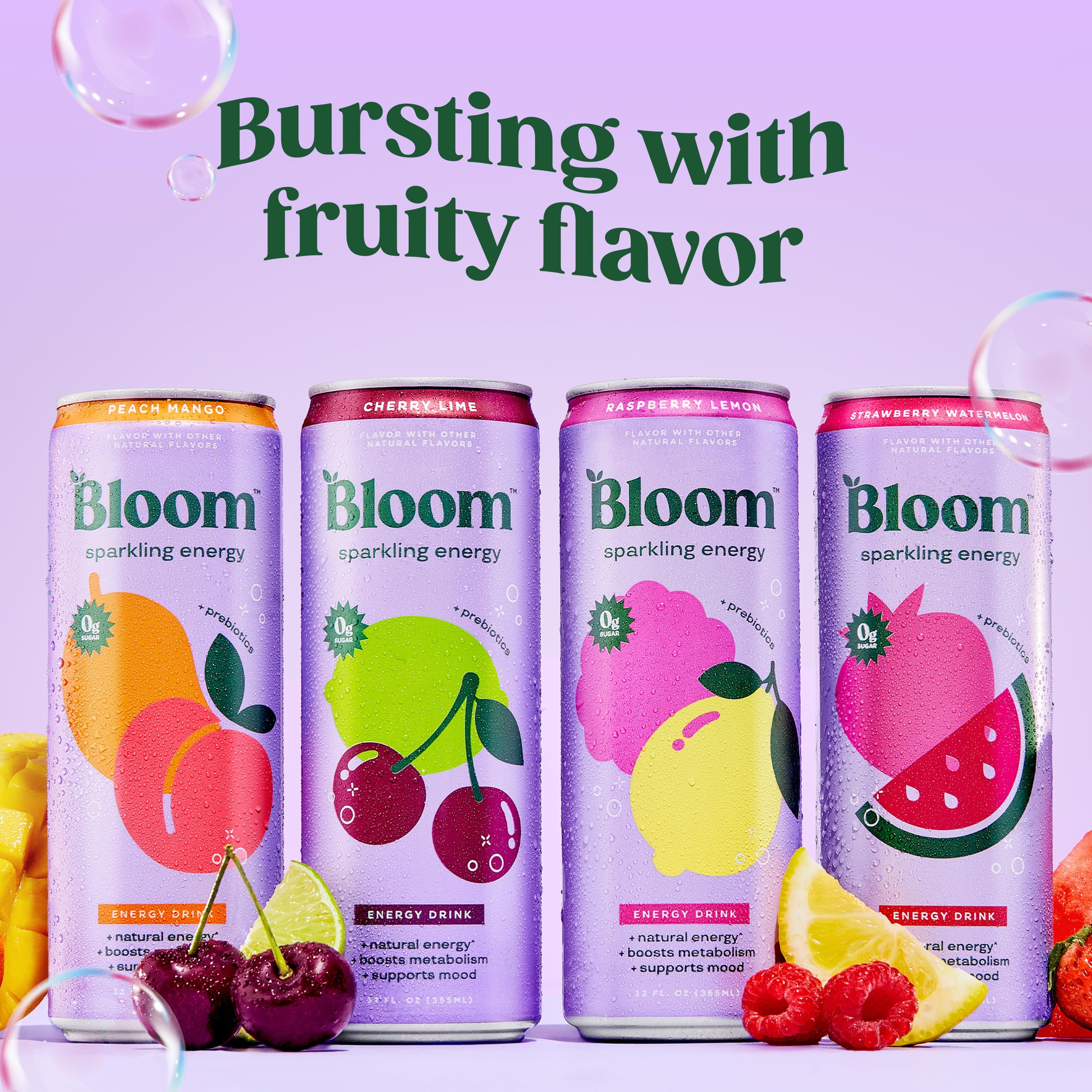 Bloom Nutrition Sparkling Energy Drink - Variety Pack with Green Coffee Bean, Green Tea Extract, 12oz 12 Pack