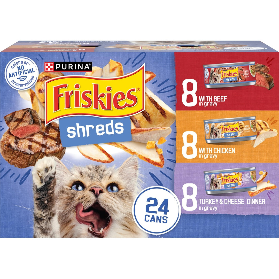 Purina Friskies Gravy Wet Cat Food Variety Pack, Shreds With Beef, With Chicken, and Turkey and Cheese Dinner - (Pack of 24) 5.5 oz. Cans