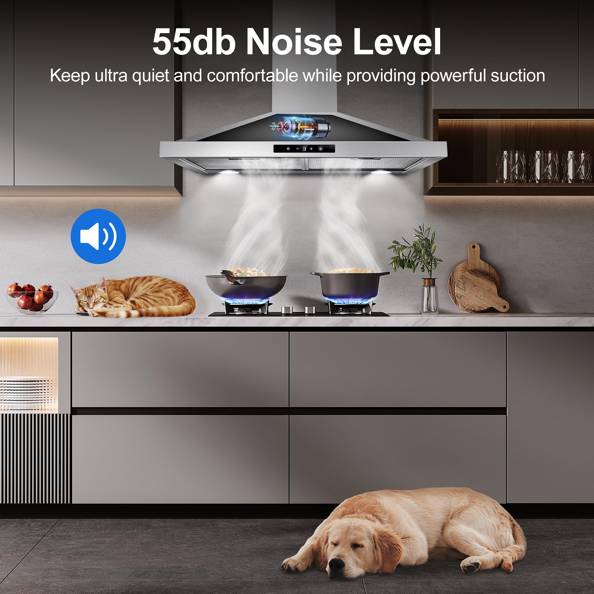 Tieasy Wall Mount Range Hood 30 inch with Ducted/Ductless Convertible Duct, Stainless Steel Chimney-Style Over Stove Vent Hood with LED Light, 3 Speed Exhaust Fan, 450 CFM