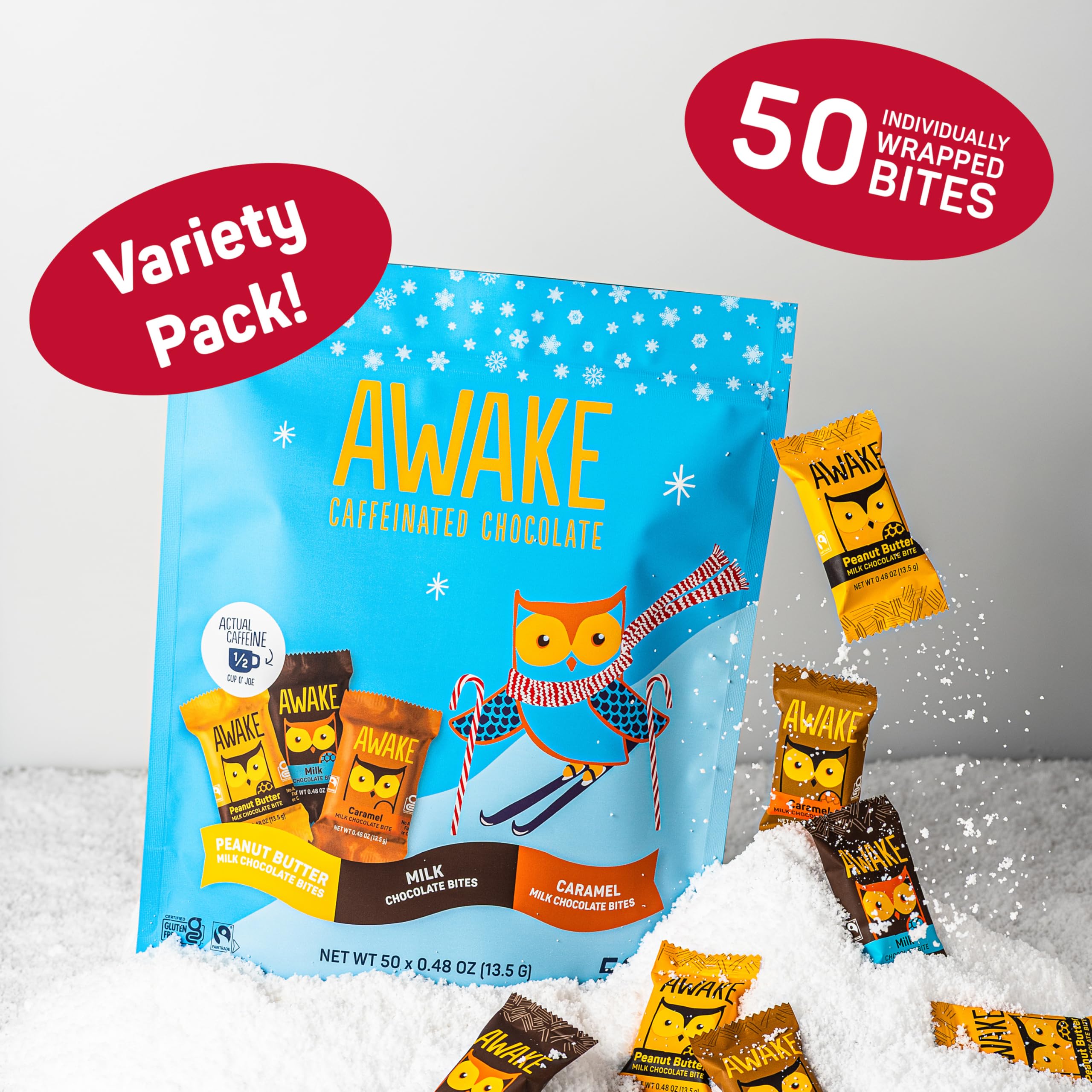 AWAKE - Caffeinated Chocolate Bites - Caramel Milk Chocolate, 50 Bites - 50mg Caffeine - Individually Wrapped Energy Bites - Coffee Alternative - Fairtrade, Gluten Free, Non GMO - 0.48oz