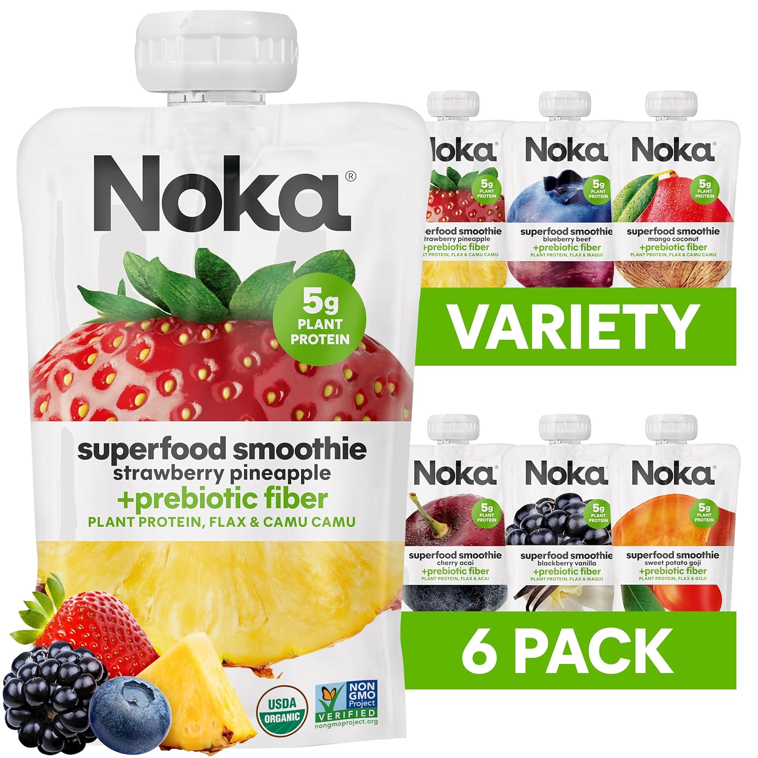 Noka Superfood Fruit Smoothie Pouches Variety Pack, Healthy Snacks with Flax Seed, Plant Protein and Prebiotic Fiber, Vegan and Gluten Free Snacks, Made in USA, Organic Squeeze Pouch, 4.22 oz, 12 Count