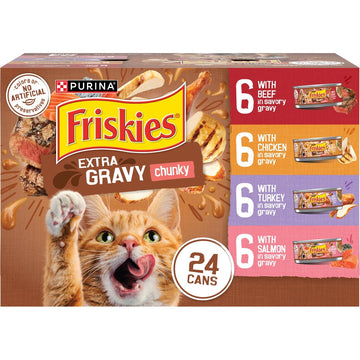 Purina Friskies Extra Gravy Wet Cat Food Chunky 24ct Variety Pack (With Chicken, Turkey, Salmon, Beef) - (Pack of 24) 5.5 oz. Cans