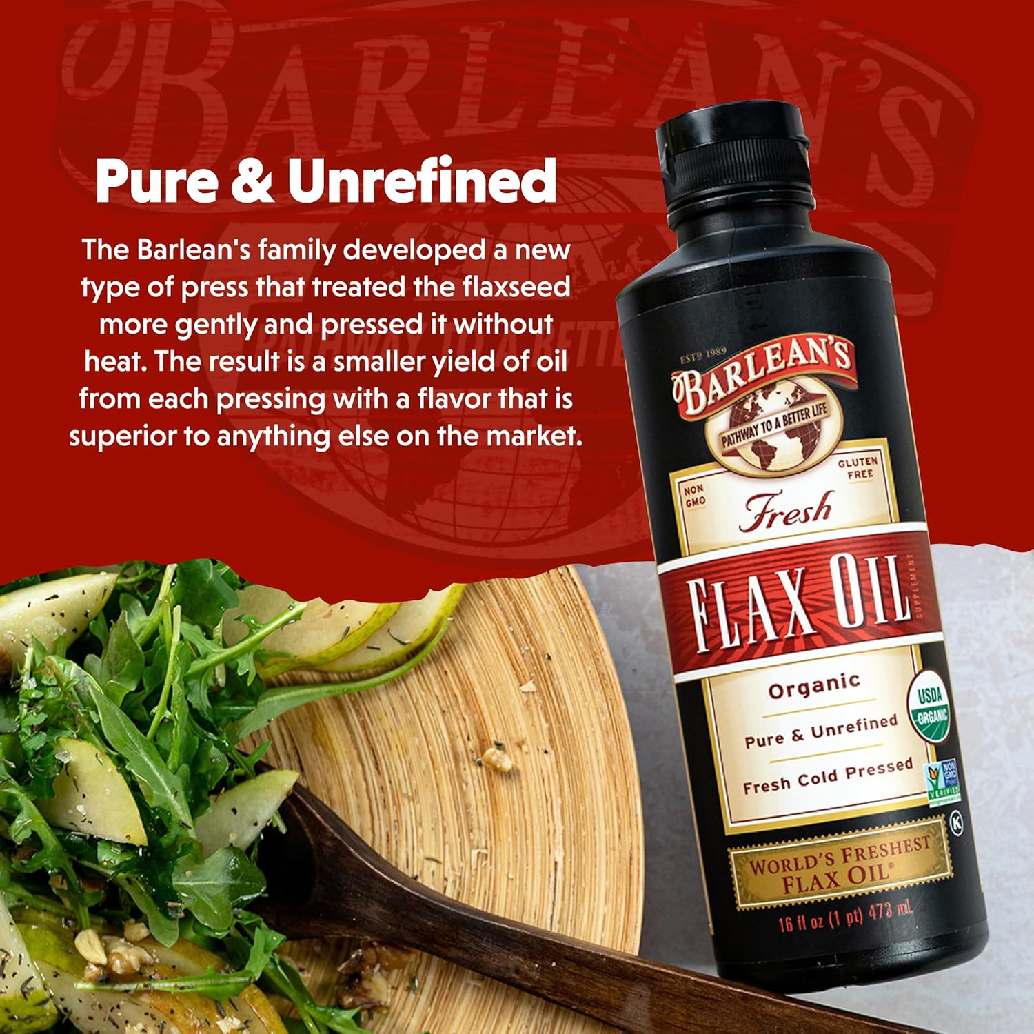Barlean's Organic Flaxseed Oil Liquid from Fresh Cold Pressed Flax Seeds, 7,640mg ALA Omega 3 Fatty Acid Supplement for Healthy Hair and Skin, Vegan and Gluten Free, 16 oz