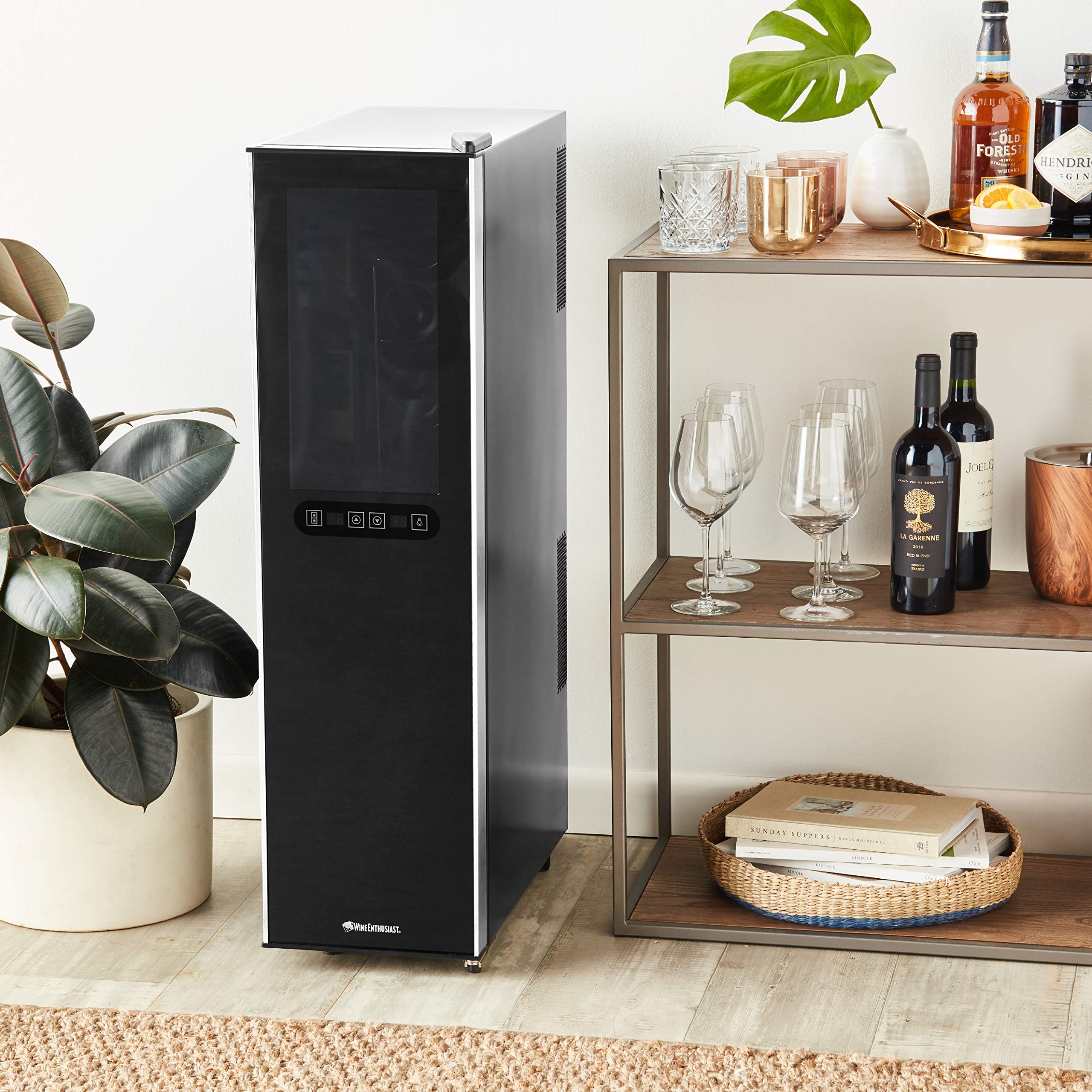 Wine Enthusiast 18-Bottle Slimline Dual Zone Wine Cooler - Energy Efficient Freestanding Wine Refrigerator - Upright Bottle Storage, Adjustable Thermostat, Digital Touchscreen (20.5” x 10.7" x 36.8”)
