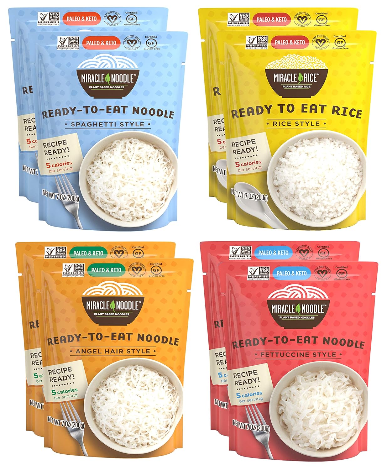 Miracle Noodle Ready to Eat Variety Pack, 7 Oz (Pack of 8), Angel Hair, Fettuccine, Spaghetti & Rice, Plant Based Shirataki Konjac Noodles, 5 Calories, Low Carb, Keto, Gluten-Free