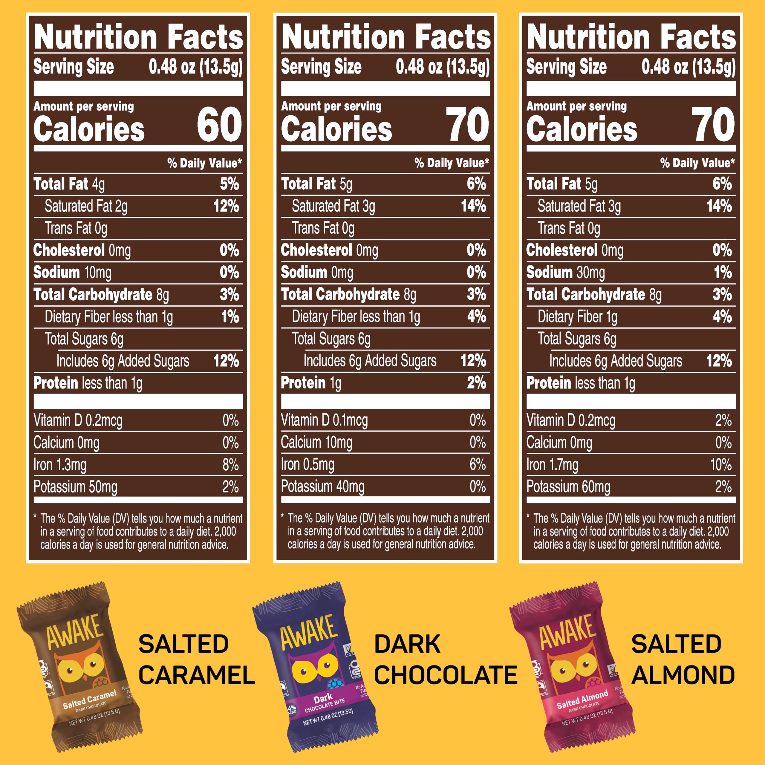 AWAKE - Caffeinated Chocolate Bites - Caramel Milk Chocolate, 50 Bites - 50mg Caffeine - Individually Wrapped Energy Bites - Coffee Alternative - Fairtrade, Gluten Free, Non GMO - 0.48oz